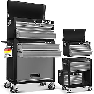 MASKO® Werkstattwagen inkl. Koffer - 9 Fächer Abschließbar | Massives Metall | Mobiler Werkzeug-Wagen ohne Werkzeug | Profi| Rollwagen zur Werkzeugaufbewahrung mit Schloss | Schwarz/Grau