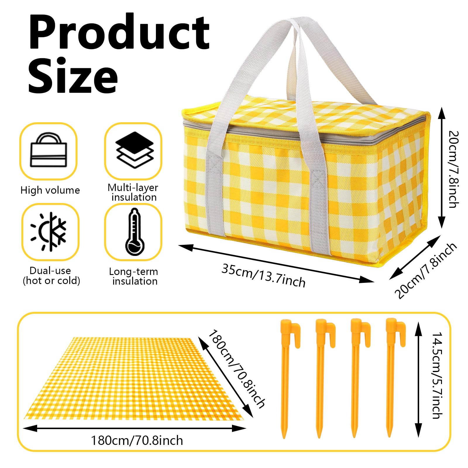 Huakaile Insulated Picnic Baskets 13.8*7.9*7.9 In with Picnic Blanket 70.9*70.9 In, Portable Waterproof Insulated Bags - Image 2