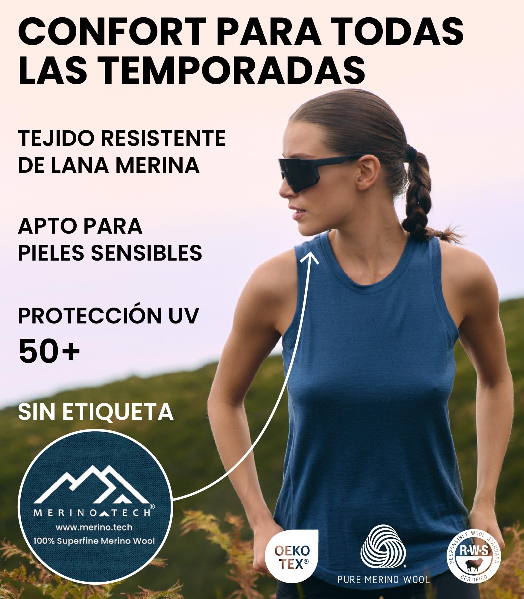 Camiseta Tirantes Mujer Lana Merino - Camiseta Interior Lana Merino Mujer Activa Capa Base, Evacuación de Humedad