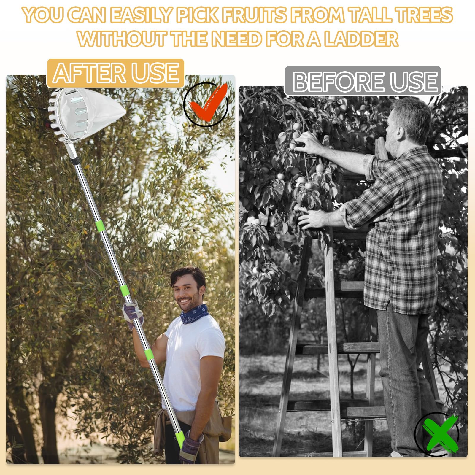 Raccogli Frutta con Palo in Acciaio Inox Leggero, 2 m raccoglitore di frutta raccogli frutta Raccoglifrutta Regolabile in Altezza, Raccogli Frutta da Albero con Testa a Cestello