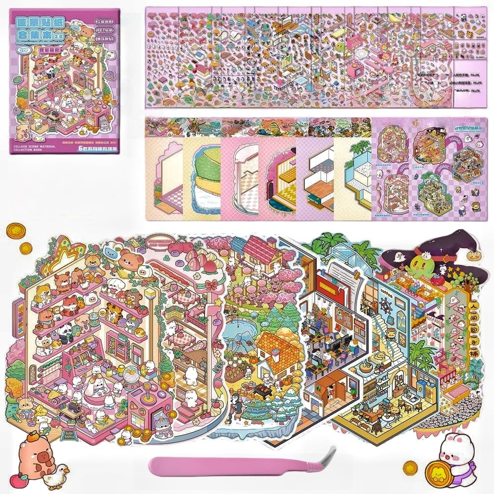 3D Scene Stickers 6 Sets of Stickers Sweet and Cute Pet Large,DIY Miniature House Scene Sticker with Tweezers Make Your Own Cute Cartoon Sticker for Kids Adults Girls Relief Stress, Favors Gift