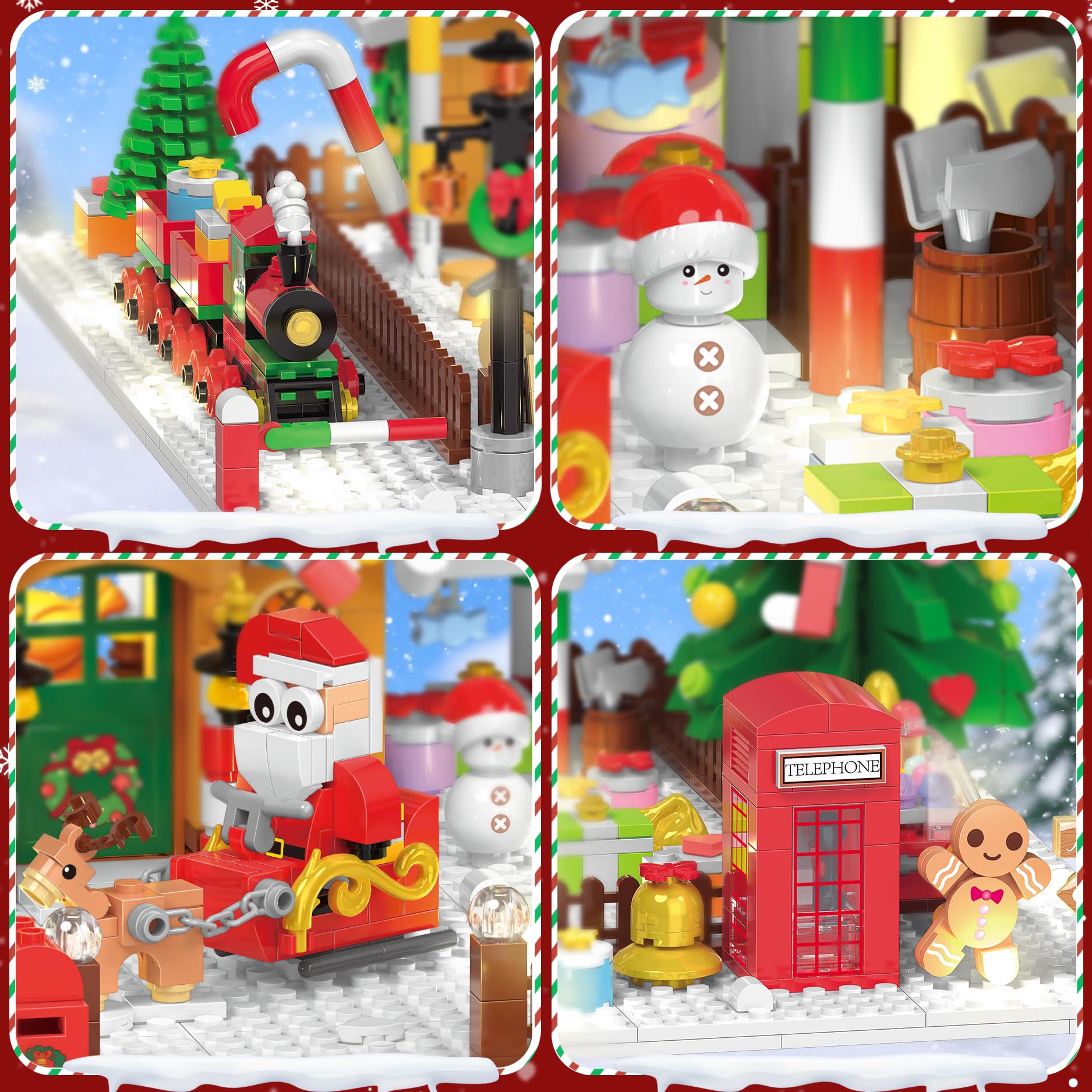 Plaxsoon - Casa de pan de jengibre navideño, juguete de construcción con luces, casa de Navidad, mini bloques de apriete - juguete con Papá Noel - Tren - 1763 piezas - Regalo para adultos, niños y