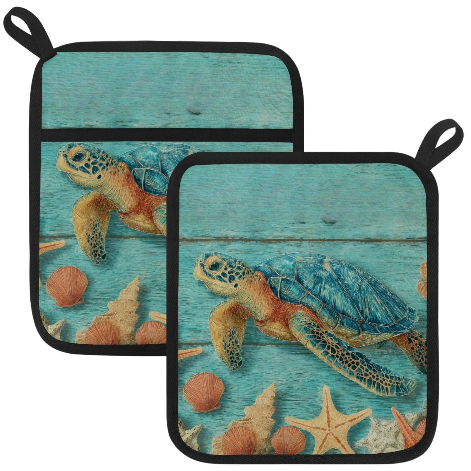 VAPOKF Sea Turtls Pot Holders with Pocket for Kitchen Heat Resistant Potholders Large Polyester-Cotton Square Oven Mitts Set