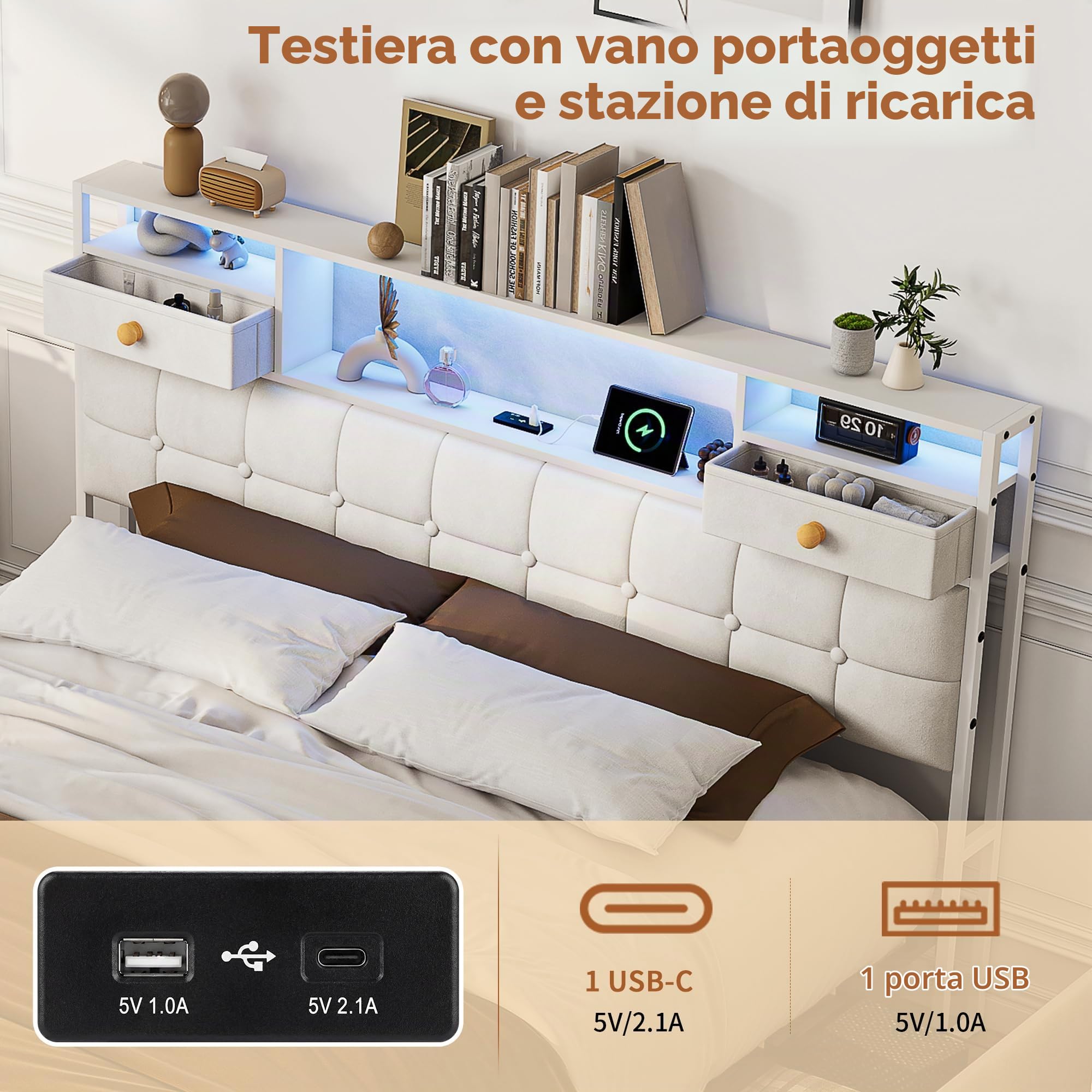 Letto imbottito 160 x 200 cm con LED e USB, telaio del letto con 4 cassetti, letto per adolescenti 160 x 200 cm con vano contenitore, letto matrimoniale con rete a doghe, telaio del letto