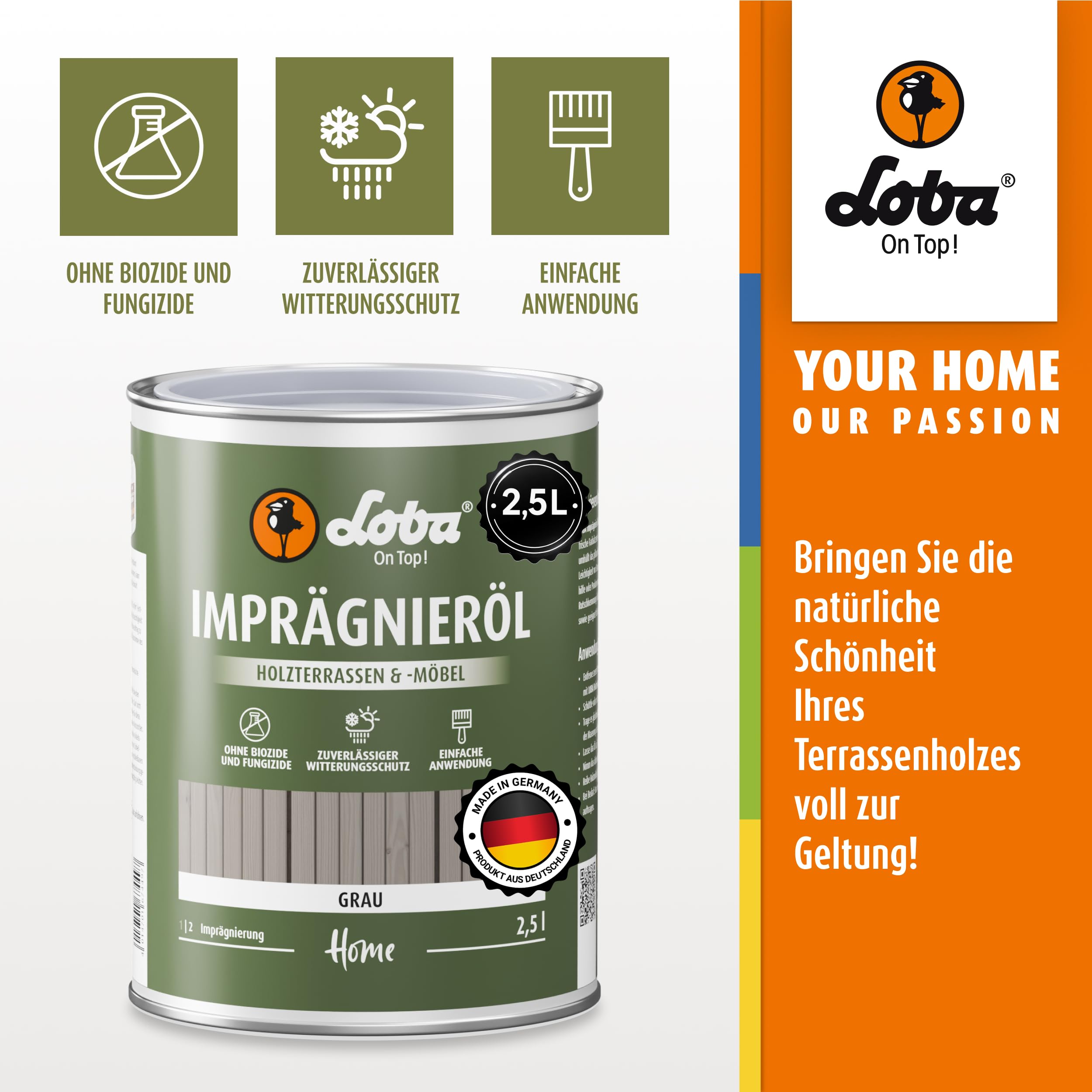 LOBA Imprägnieröl Grau Für Außenholz 2,5 l - Terrassenöl Mit Tiefenschutz - Schutz vor Regen, Frost & Sonne - Öl für Gartenmöbel & Holzoberflächen - Für Glatte & Geriffelte Dielen