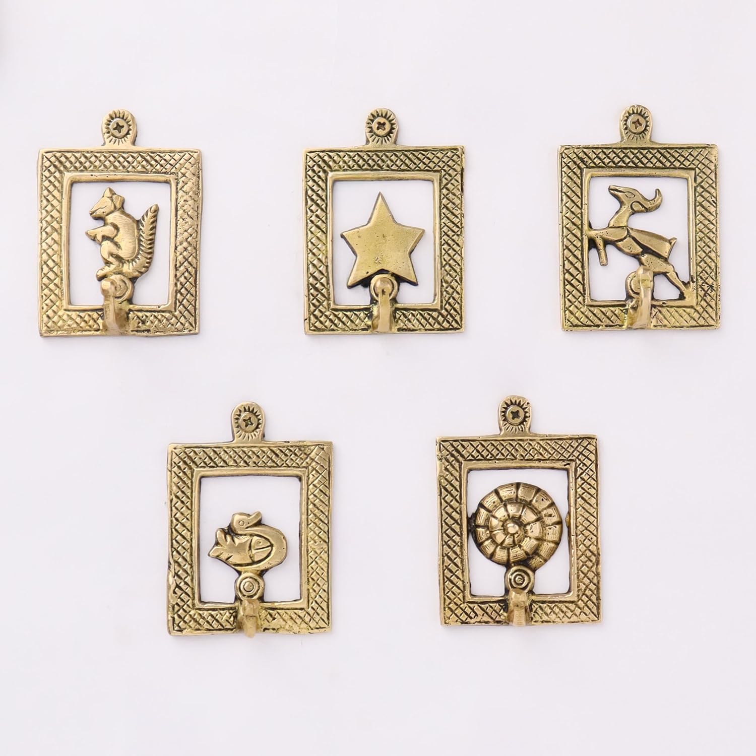 Indian Shelf 5-Piece Brass Framed Heavy Duty Decorative Vintage Key Holder, Key Wall Hooks for Hanging Coats, Jackets, Leash, Hat, Towel, Backpack, Purse, Handbag for Home Décors-Golden