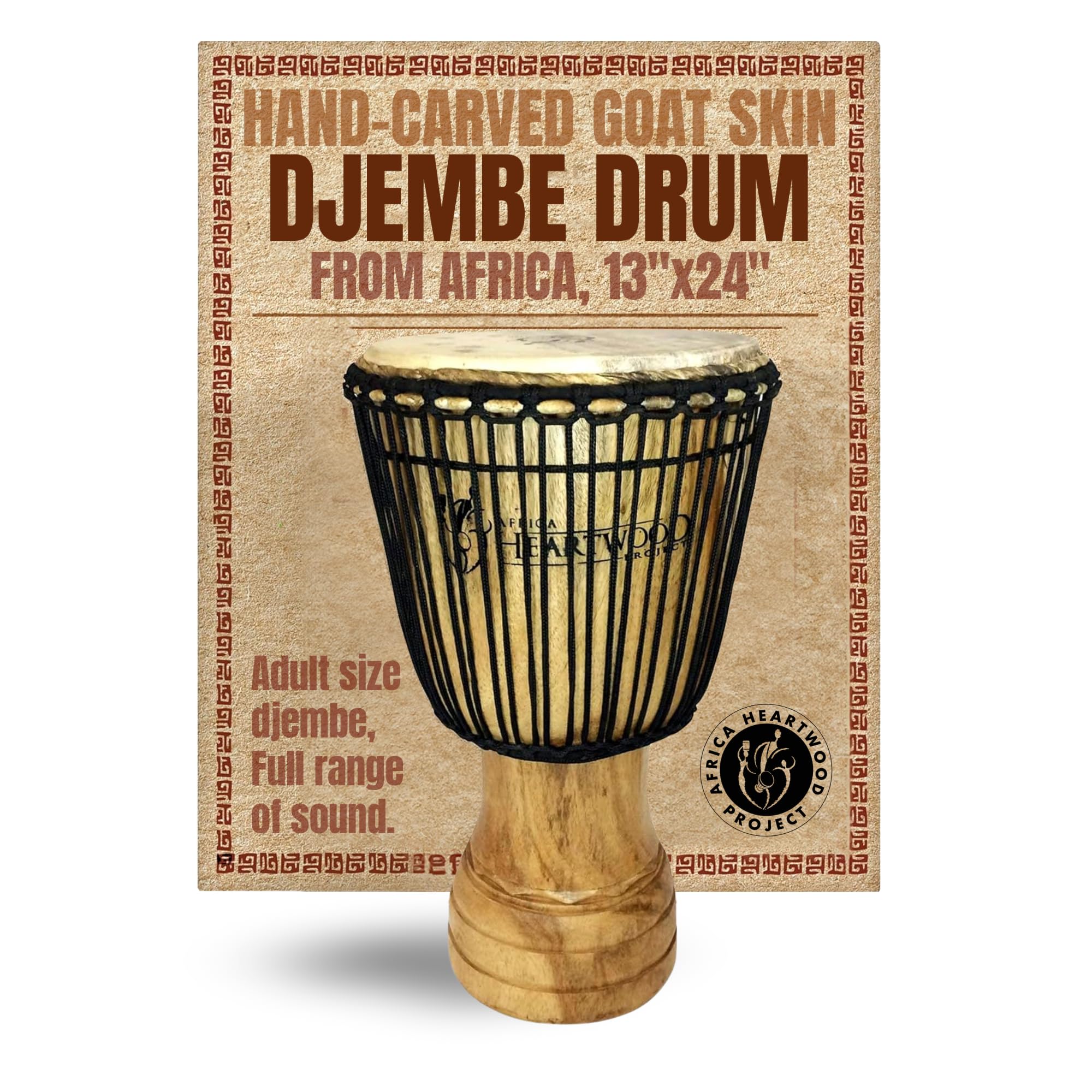 Africa Heartwood Project Hand-Carved Djembe Drum from Africa - 13"x24" Classic Ghana Djembe (Rings Carving) - Solid Wood Shell & Natural Goat Skin - Ready to Play Out of the Box Musical Instrument