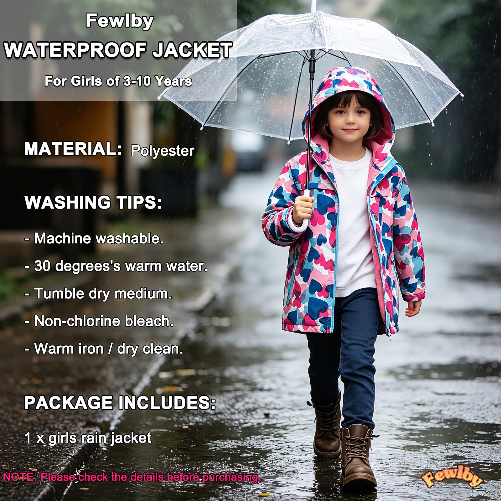 Fewlby Giacca Impermeabile con Cappuccio, Bambini Giacca a Vento Impermeabile con Cappuccio Cappotto Foderato in Pile Ragazze Capispalla, 9-10 Anni