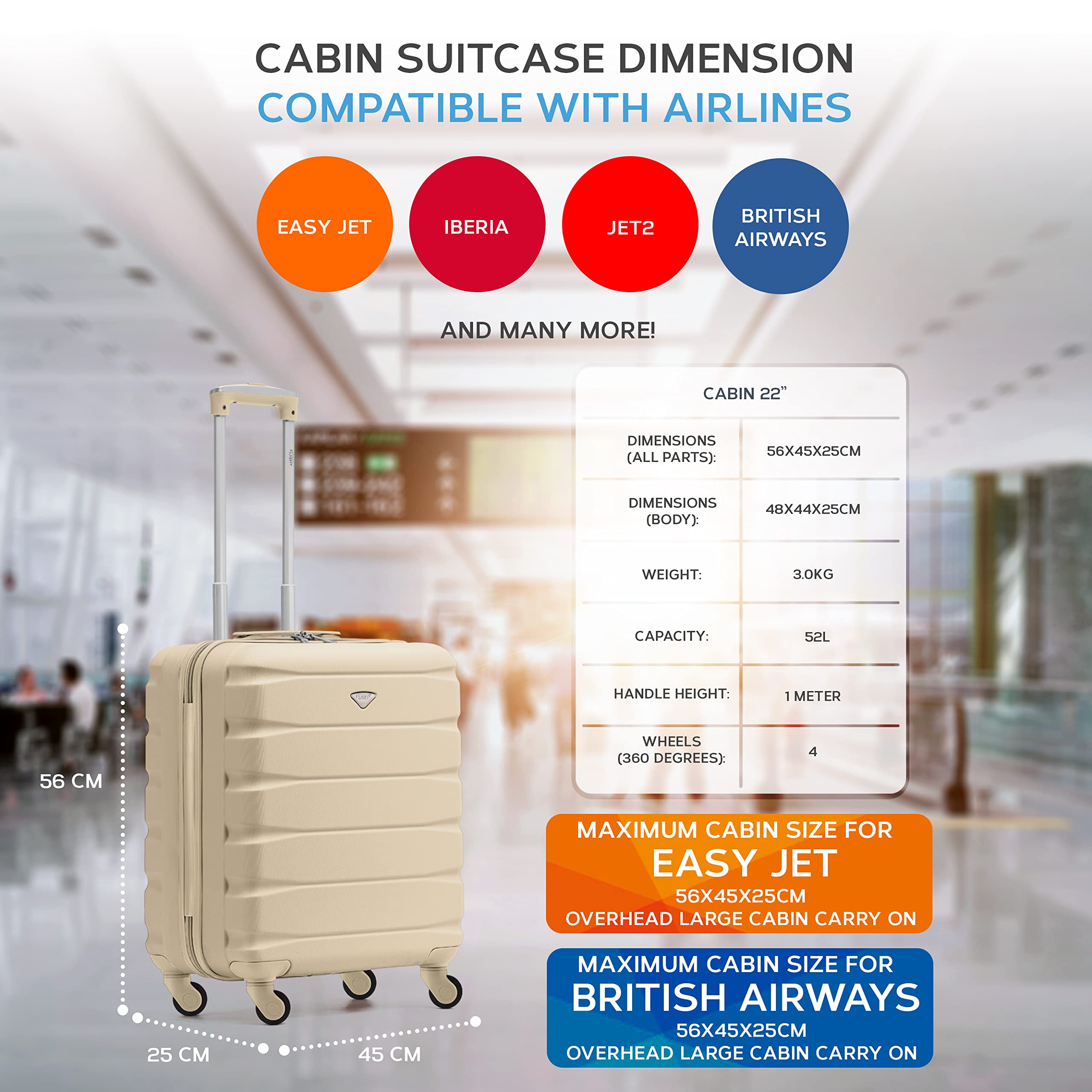Flight Knight 56x45x25 EasyJet Cabin Bag, Jet2, British Airways Suitcase - Lightweight Small Durable 4-Wheel Cabin Case, Maximum Carry-On Size, ABS Hard Shell, 10kg Hand Luggage Bag- 56 x 45 x 25