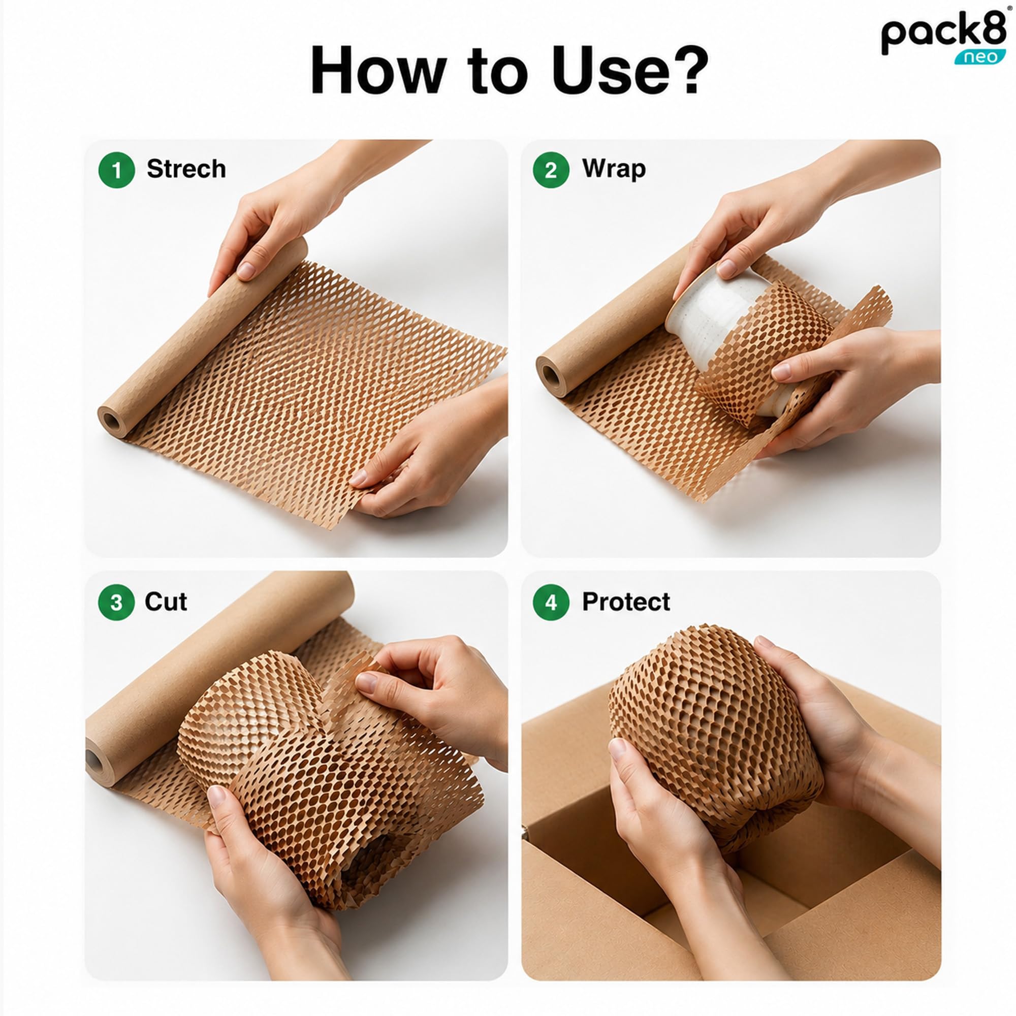 Pack8 Neo Honeycomb paper bubble wrap roll(10mX15") | Paper Bubble Wrap Roll for Packing, Shipping, Moving, (10meter X 15inch, pack of 1) 3