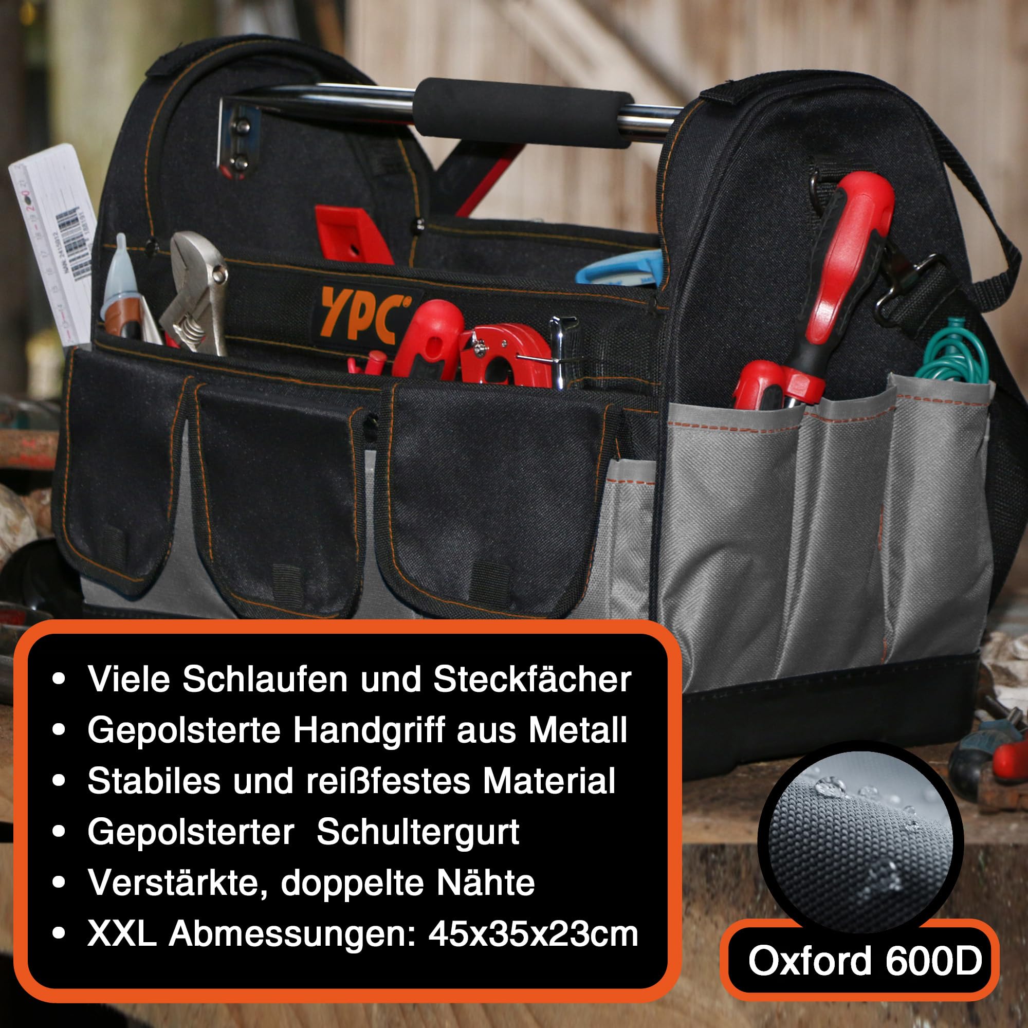 YPC Pioneer Werkzeugkorb XXL – Profi tragbare Werkzeugtasche mit stabilem Boden, Wasserfest, Reißfest, Schultergurt mit Polster & Metall-Handgriff, Grau-Schwarz, 45x35x23cm – 20 kg Tragkraft