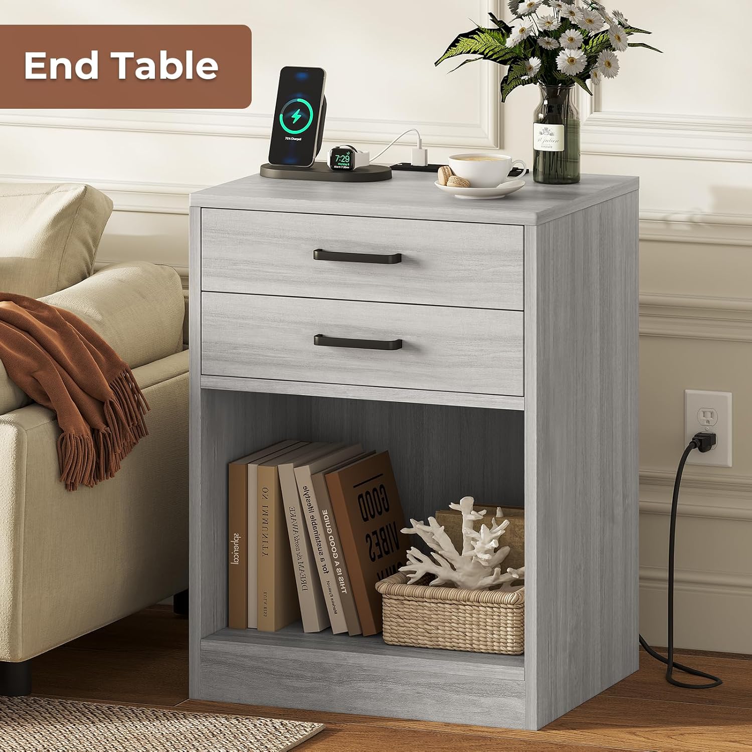 ADORNEVE Nightstands Set of 2,Grey Nightstand with Charging Station & Drawers,Night Stands for Bedrooms Set of 2