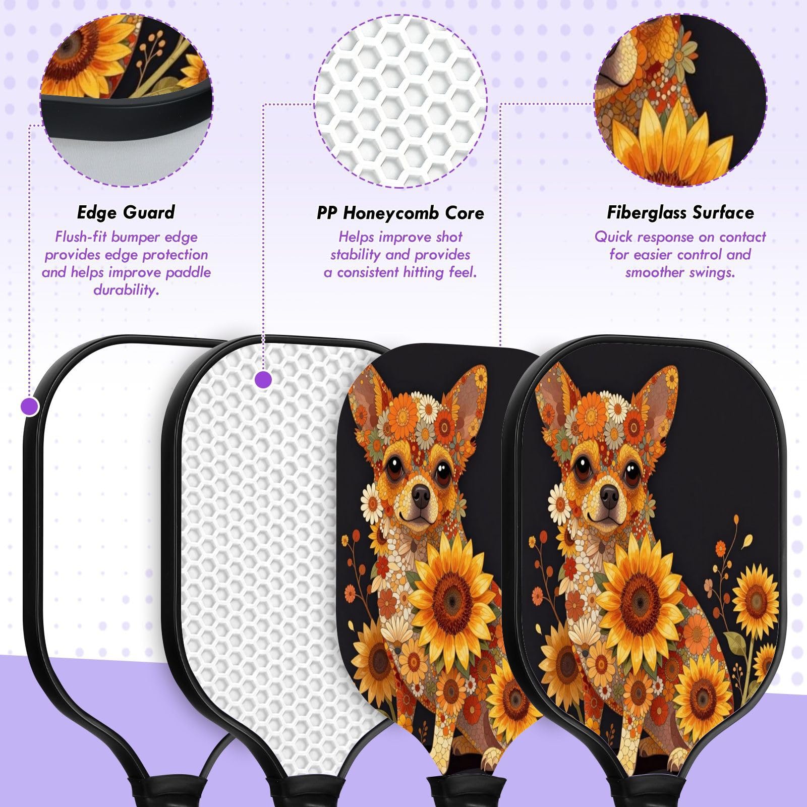 Linda pala de pickleball de carbono de baja vibración con girasol para