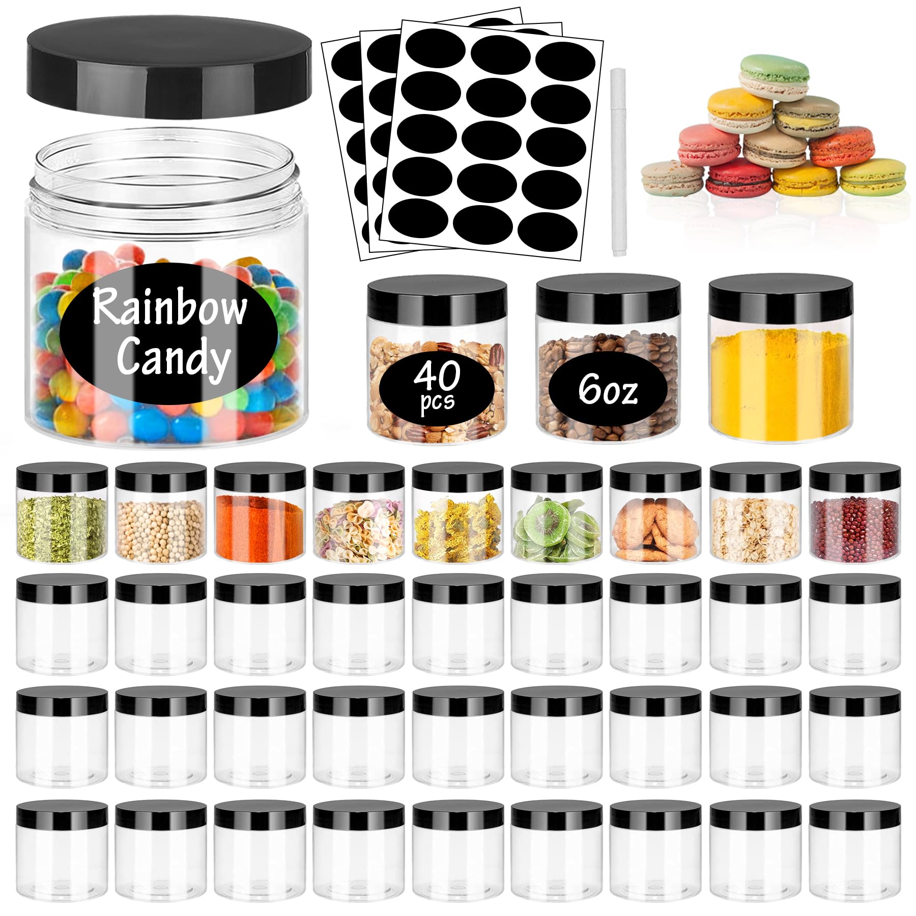 Barattoli di plastica da 6 once con coperchio nero, 40 barattoli vuoti di plastica rotondi ricaricabili trasparenti per melma barattoli ermetici in plastica per conservare i viaggi, casa, cucina,