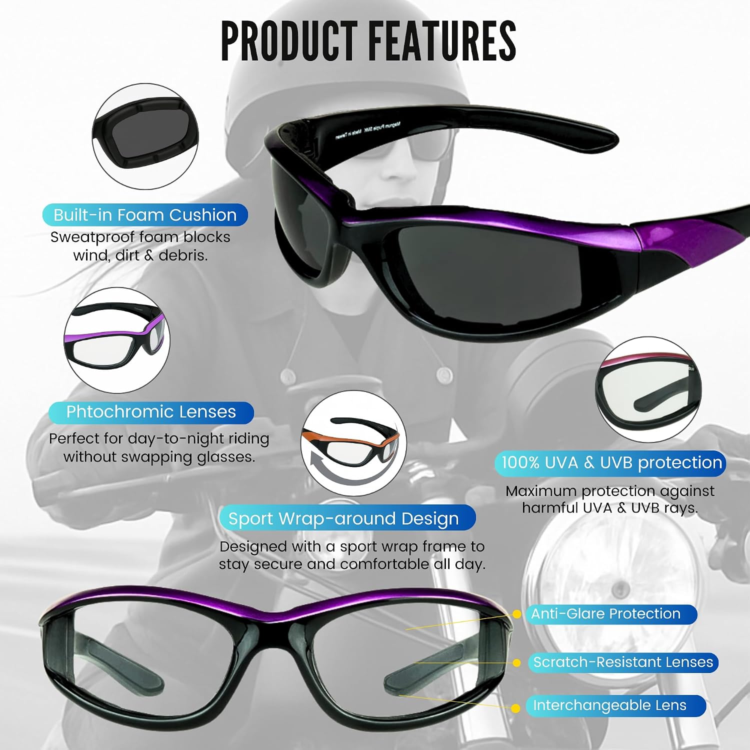 Bikershades Motorcycle Transitional Sunglass Men Women Safety Photochromic Clear to Smoke Lens