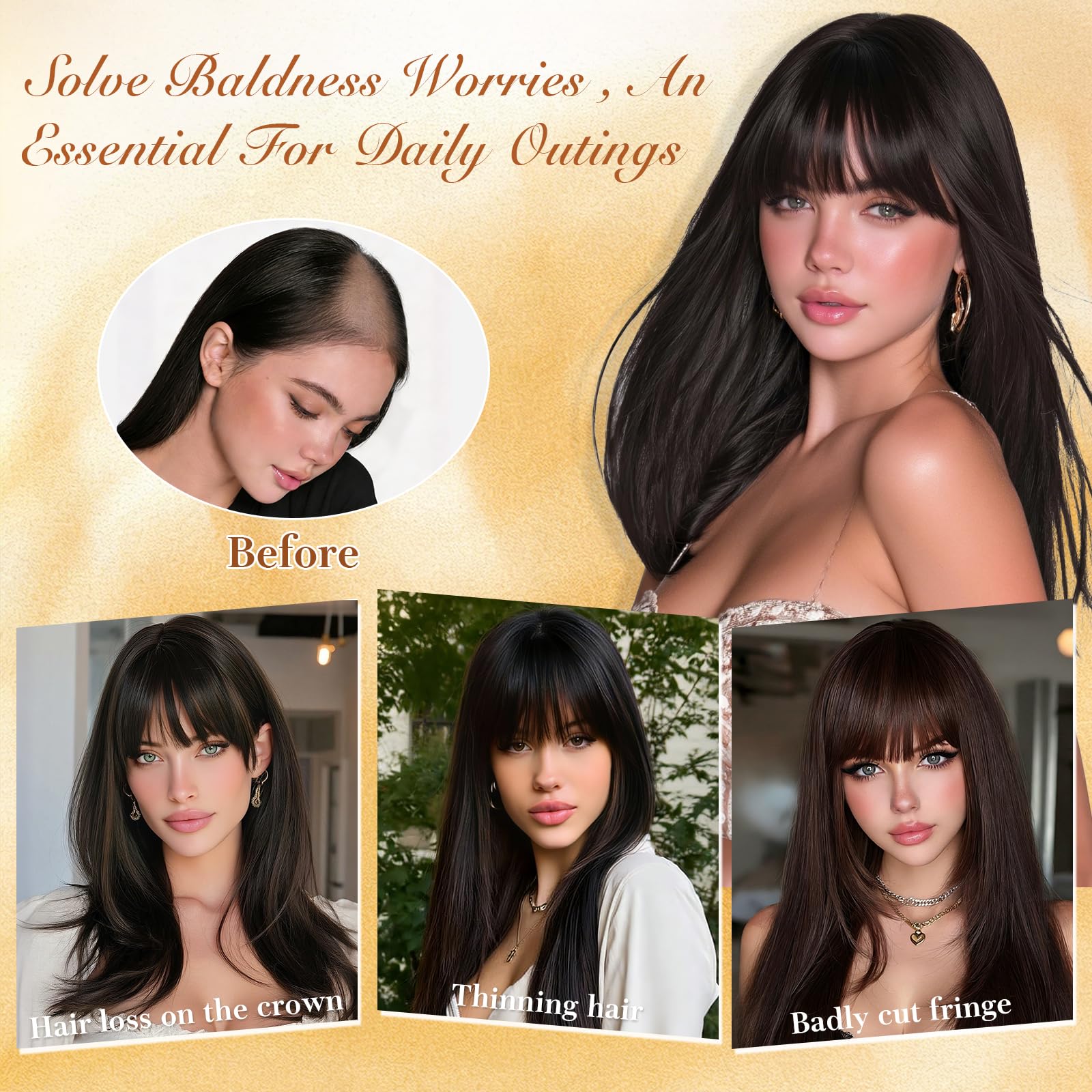 Sofeiyan Topper de Cabello para mujer,30 cm Tapa de Cabello con clip con flequillo,62 g sintéticos Toppers postizos de pelo natural Adecuados para personas calvas,Negro Natural y Castaño Oscuro