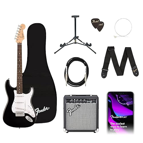 Fender Squier Debut Series Stratocaster Electric Guitar Kit, Beginner Guitar Kit, with 2-Year Warranty, with Padded Gig Bag, Frontman 10G Amp, Strap, and More, Includes Free Lessons, Black