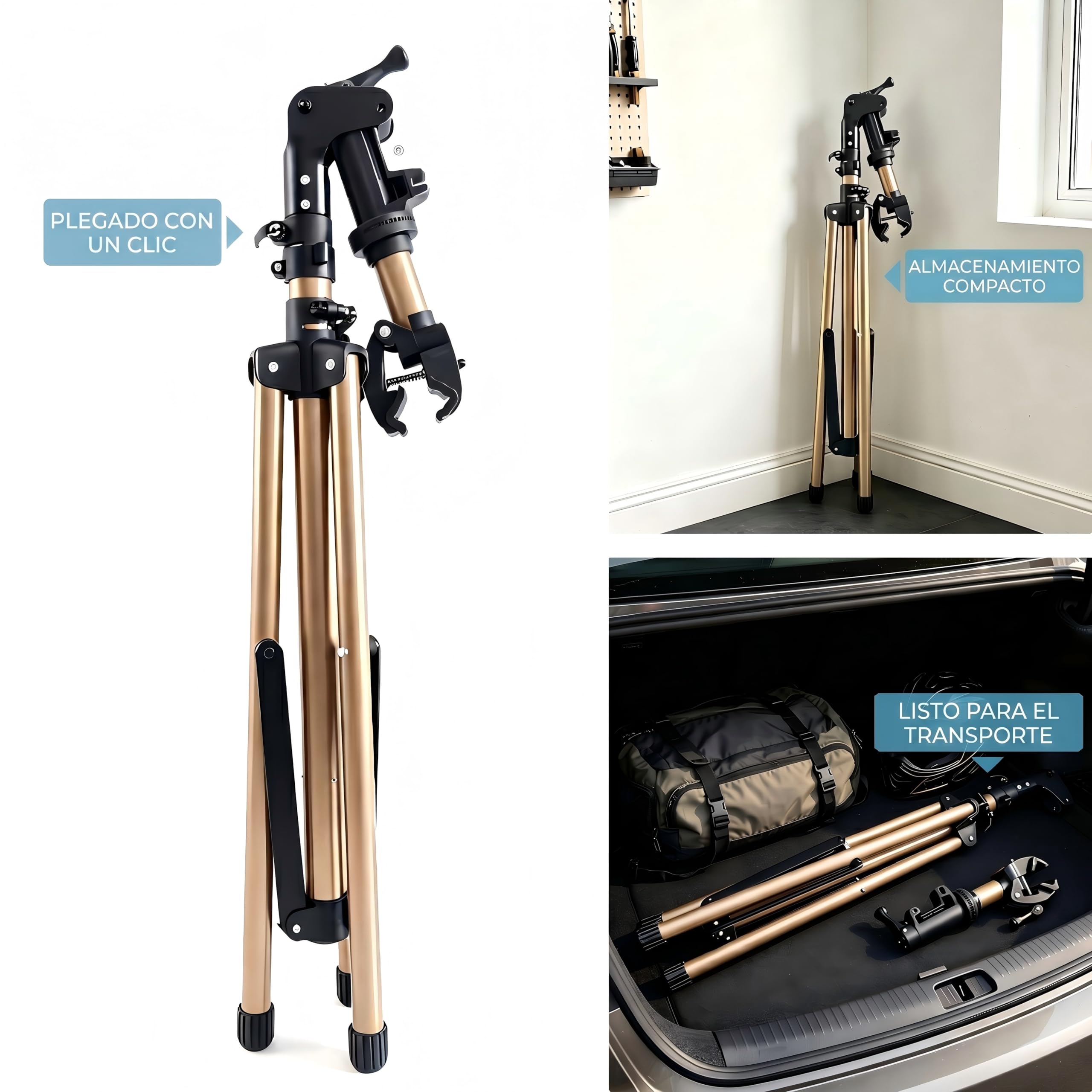Caballetes para bicicletas de aluminio tres patas, reparación y montaje, totalmente plegable, doble cierre seguridad, diseño compacto, ultraligero, bandeja magnética de gran tamaño
