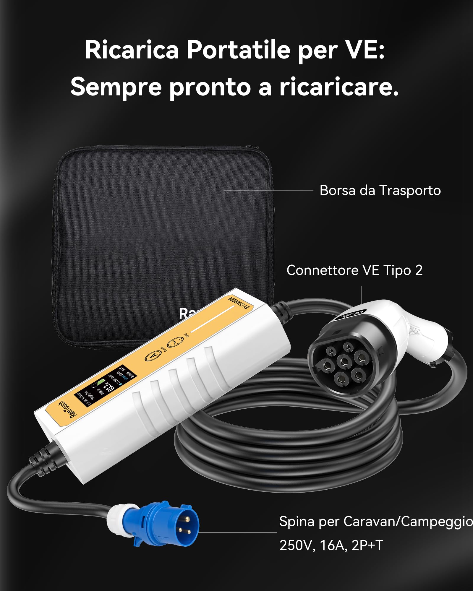 Caricabatteria da Auto Elettrico (3,7 KW, 6,5 m, Tipo 2, CEE P17 16A) - Cavo di Ricarica con amperaggio Regolabile 6A-16A, Ricarica ritardata e Programmata, terminale di Ricarica Mobile per