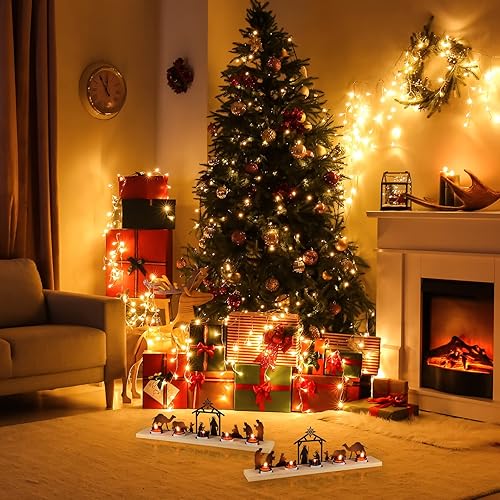 Miniatura 5 de Geelin Juego de 2 Belén de Navidad con base de madera, decoración de pesebre de metal, decoración moderna para el hogar, estante de mesa, adorno