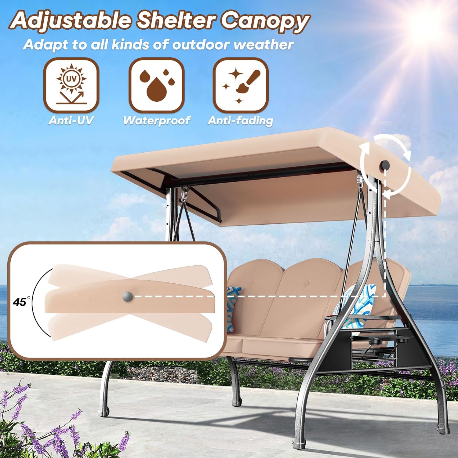 ZZW 3 Seat Outdoor Porch Patio Swing with Stand 800lbs 2-in-1 Convertible Swing Bed with Adjustable Canopy & Removable Cushion for Yard Garden Deck (Khaki, Square Tube)