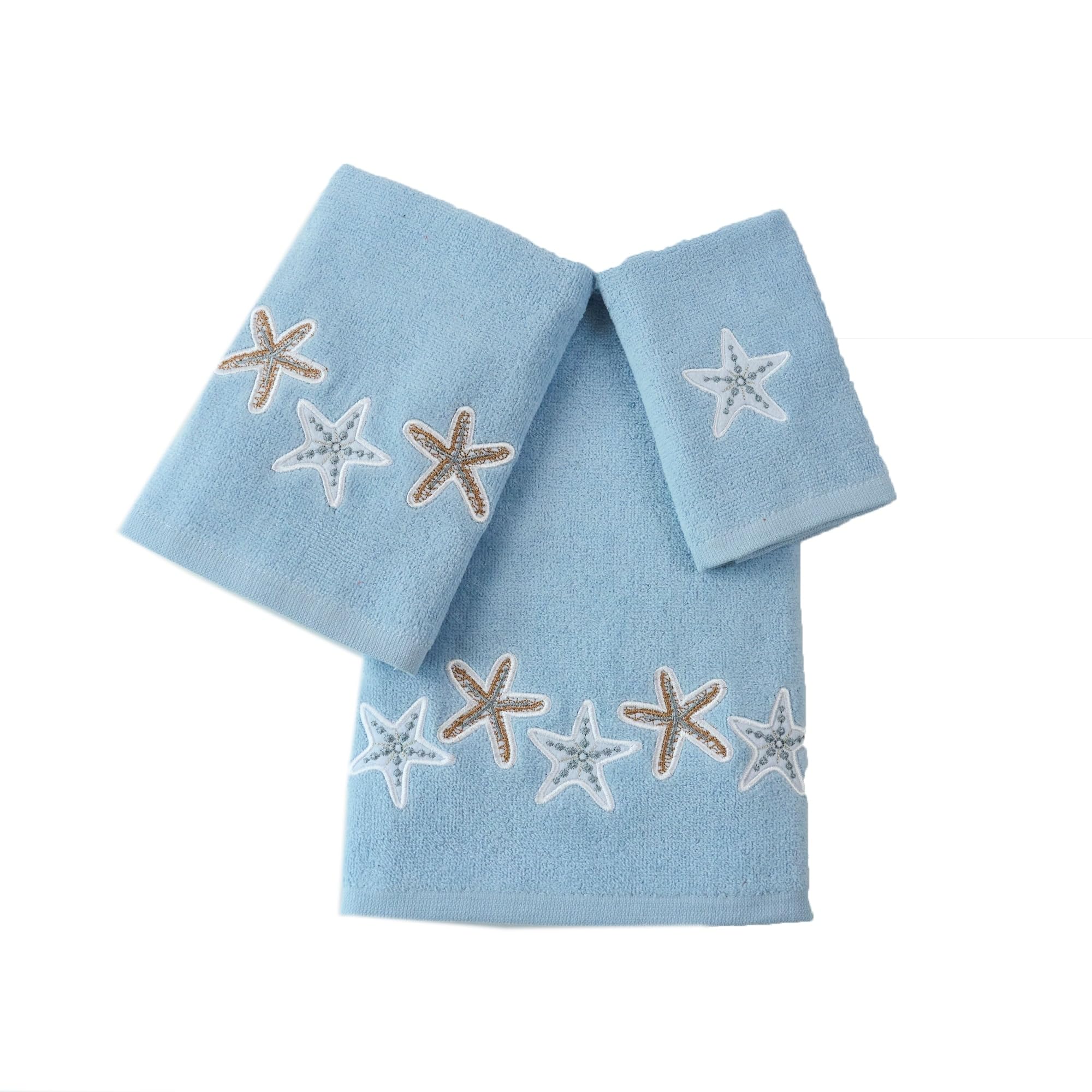 Marina Decoration Premium Luxury Decor Ultra Soft 100% Cotton Embroidered Bathroom Modern 3 Piece Towel Set, Starfish with Blue Base Pattern