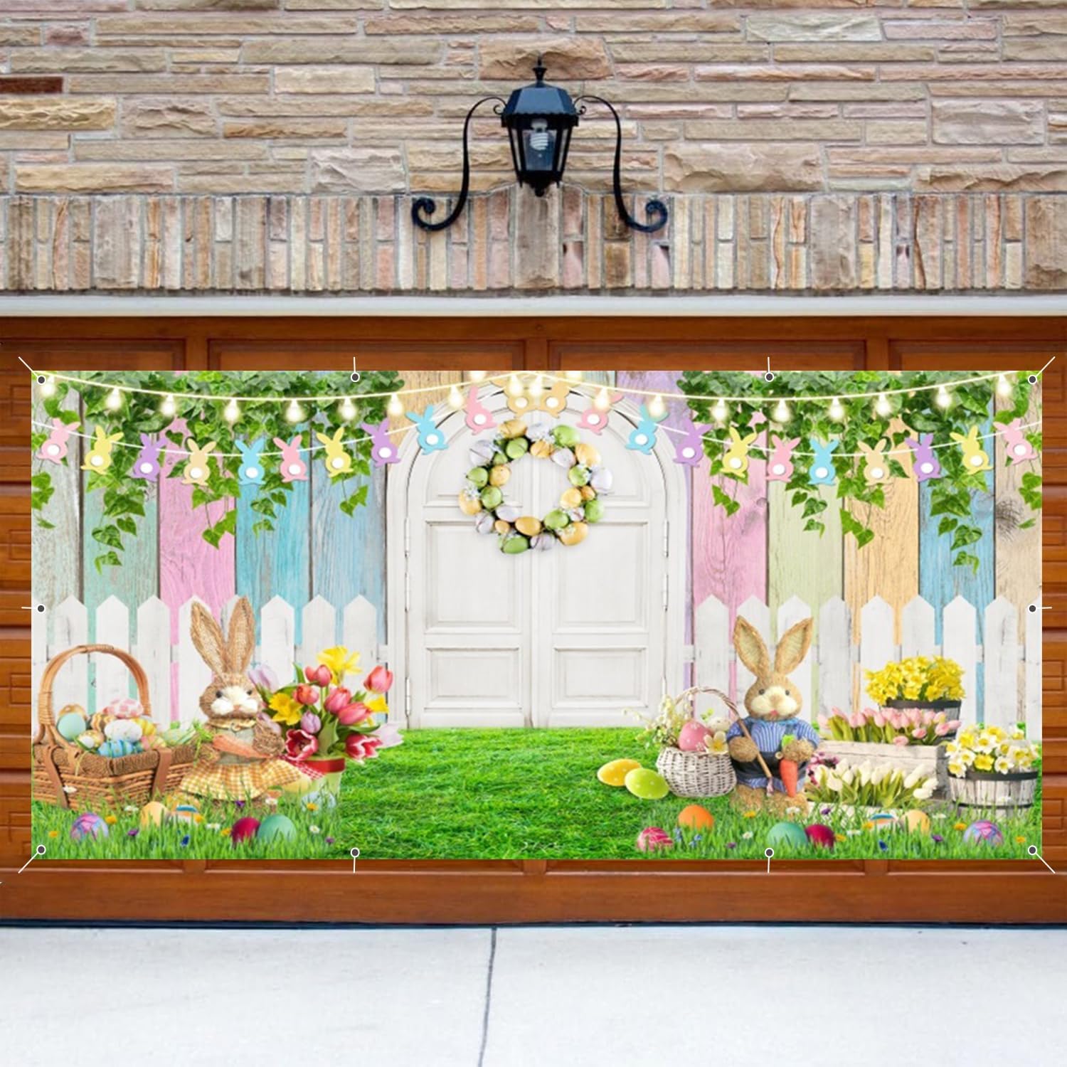Easter Garage Door Cover Banner Decorations Backdrop 6x13ft Large Spring Easter Eggs Coloured Board Bunny Doll Lawn Flowers Garage Door Cover Background Outdoor Happy Easter Party Decorations Supplies