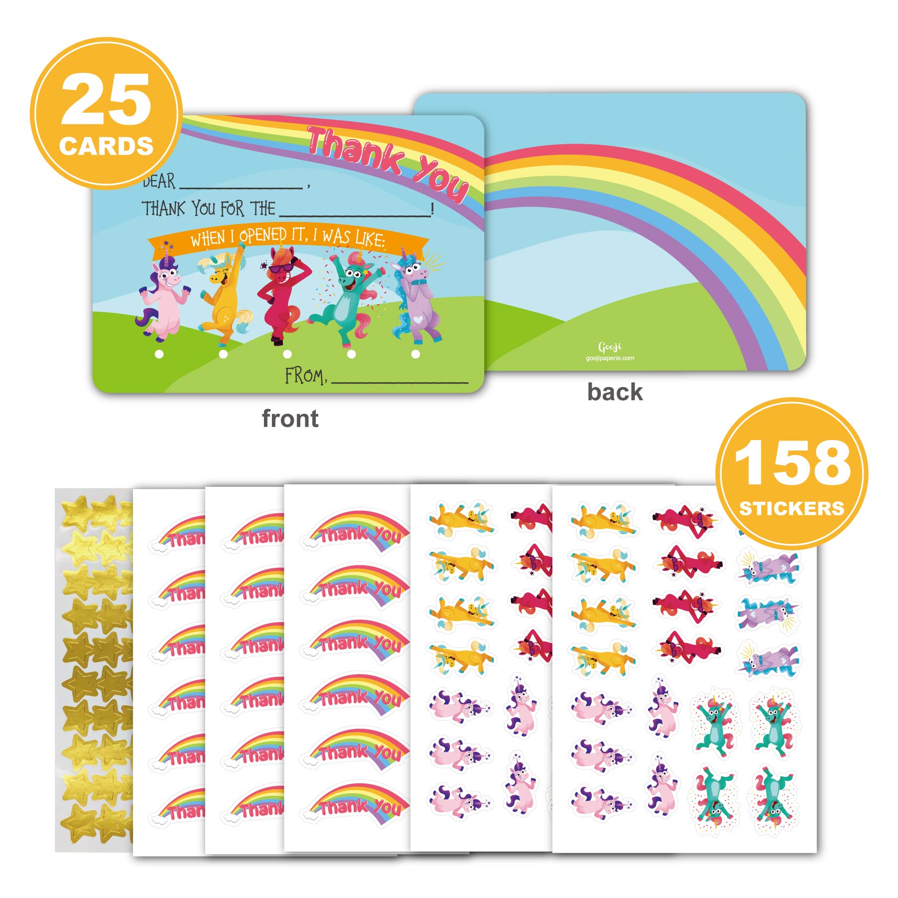 Gooji Funny Unicorn Thank You Cards - 25pcs Double Sided 4,25x6 Jednorożec Dziękuję Ci kartki z 25 kopertami, magiczne karty na Baby Shower, urodziny i urodziny dla dziewczynek