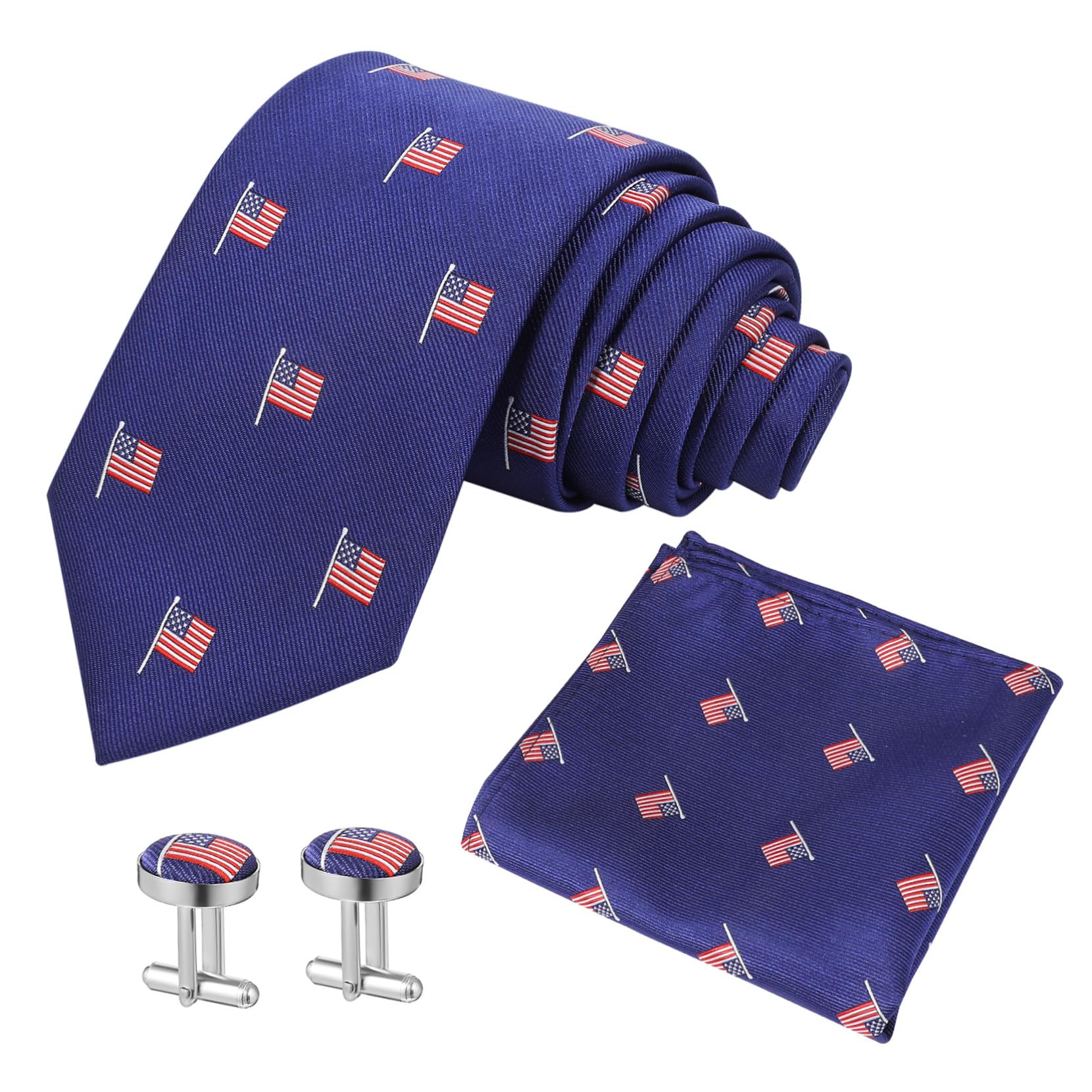 Patriotic Tie for Men with Usa Flag Pattern Includes Pocket Square and Cufflinks Polyester Silk Fit for Formal Events Weddings Business and Political Gatherings