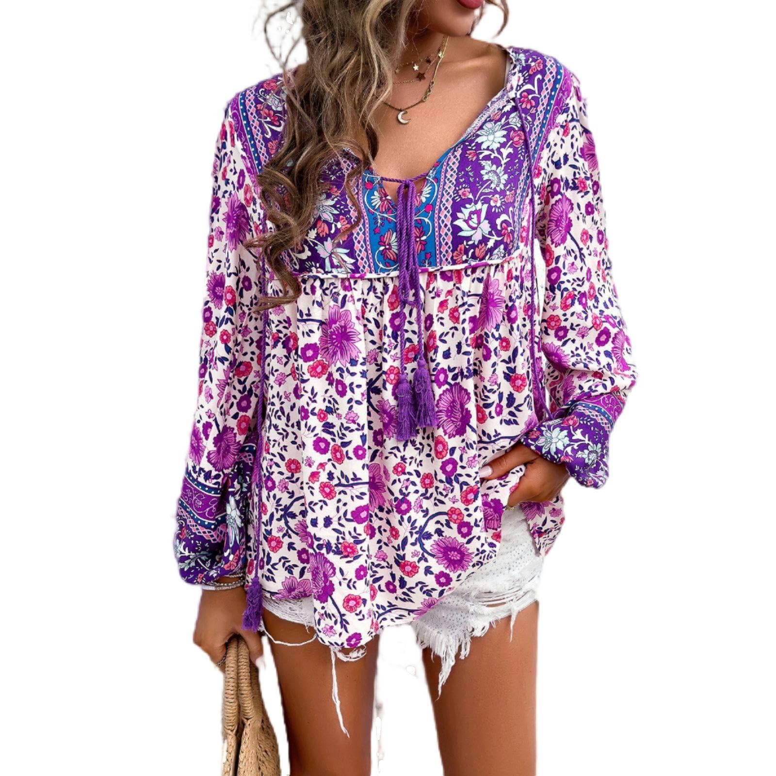 Camisa de Manga Larga Estampada para Mujer, para Vacaciones, Primavera y Verano, Color Rojo, Talla XL