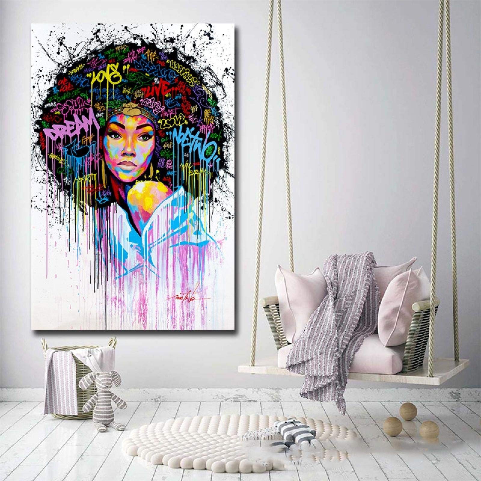 Póster abstracto Mujeres africanas Arte de la pared Imagen Pintura al óleo sobre lienzo Graffiti Street para sala de estar Dormitorio Cuadros 90x130cm (35.43x51.18in) Con marco