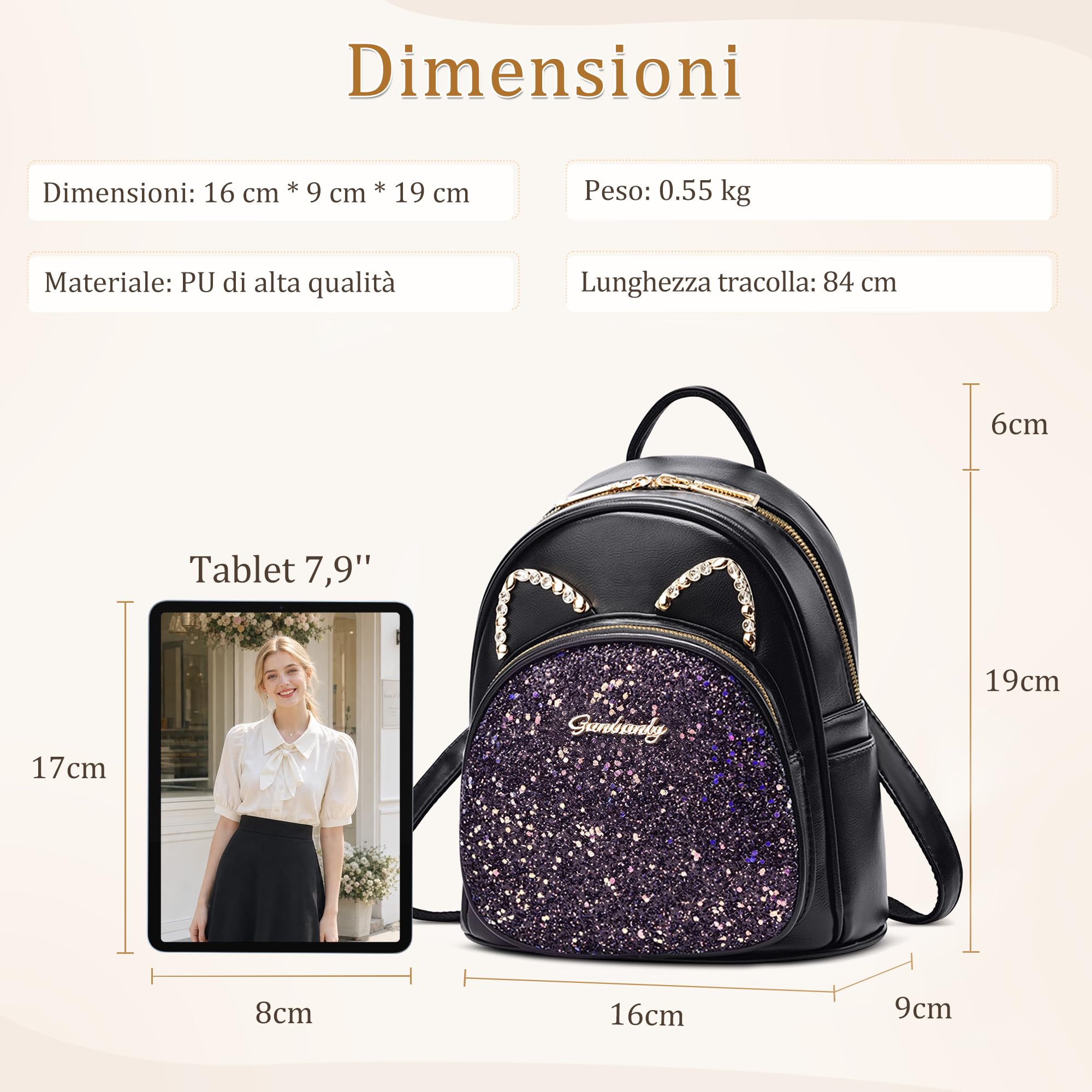 Zaino da Donna Carino Gatto Borse a Zainetto da donna Mini Leggero Antifurto Borsa a Tracolla Pelle Impermeabile per Ragazza Viaggio Scuola Lavoro Datazione Studentessa Nero