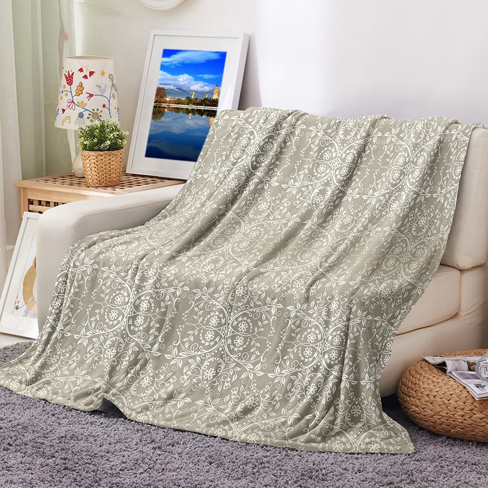 Couverture polaire flannel KnSam 80x120cm motif branches plaid brun clair