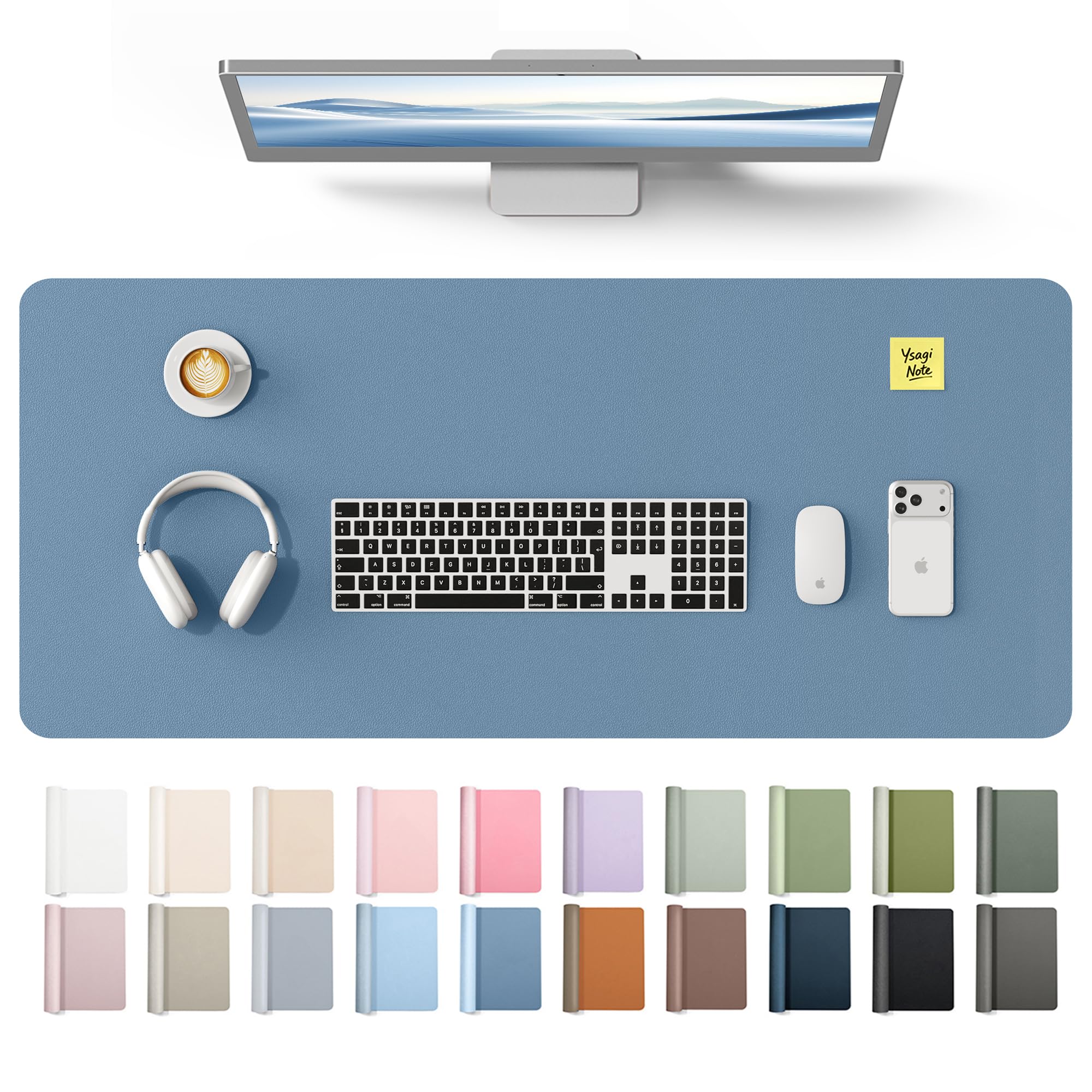 YSAGi Leather Desk Protector, Office Mat, Large Mouse Mat, Non-Slip PU Leather Blotter, Laptop Desk Mat, Waterproof Writing Pad for Office and Home(Blue, 42" x 17.2")