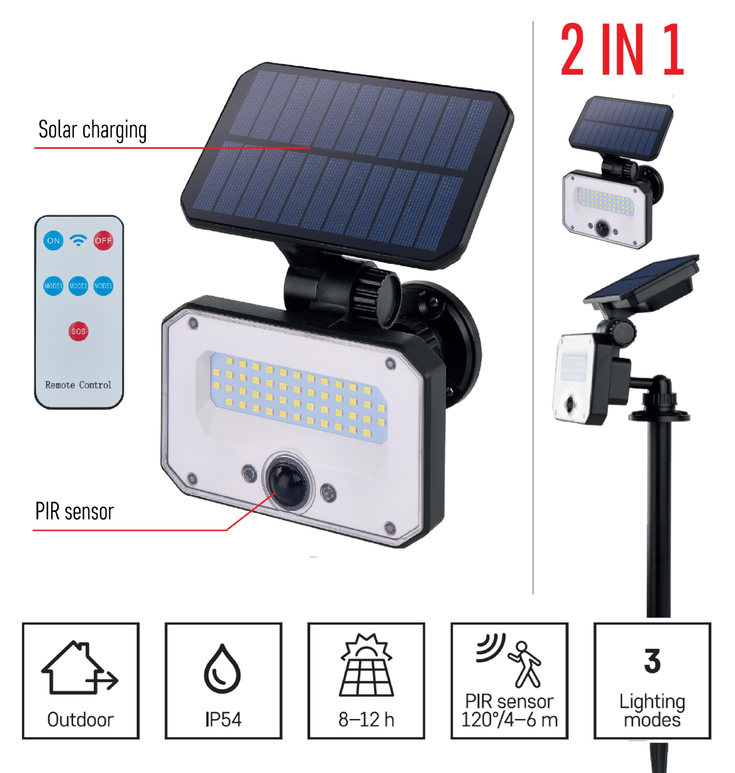 Lampada Solare Esterna 22 LED - Sensore Movimento, 3 Modalità, IP65 - 2