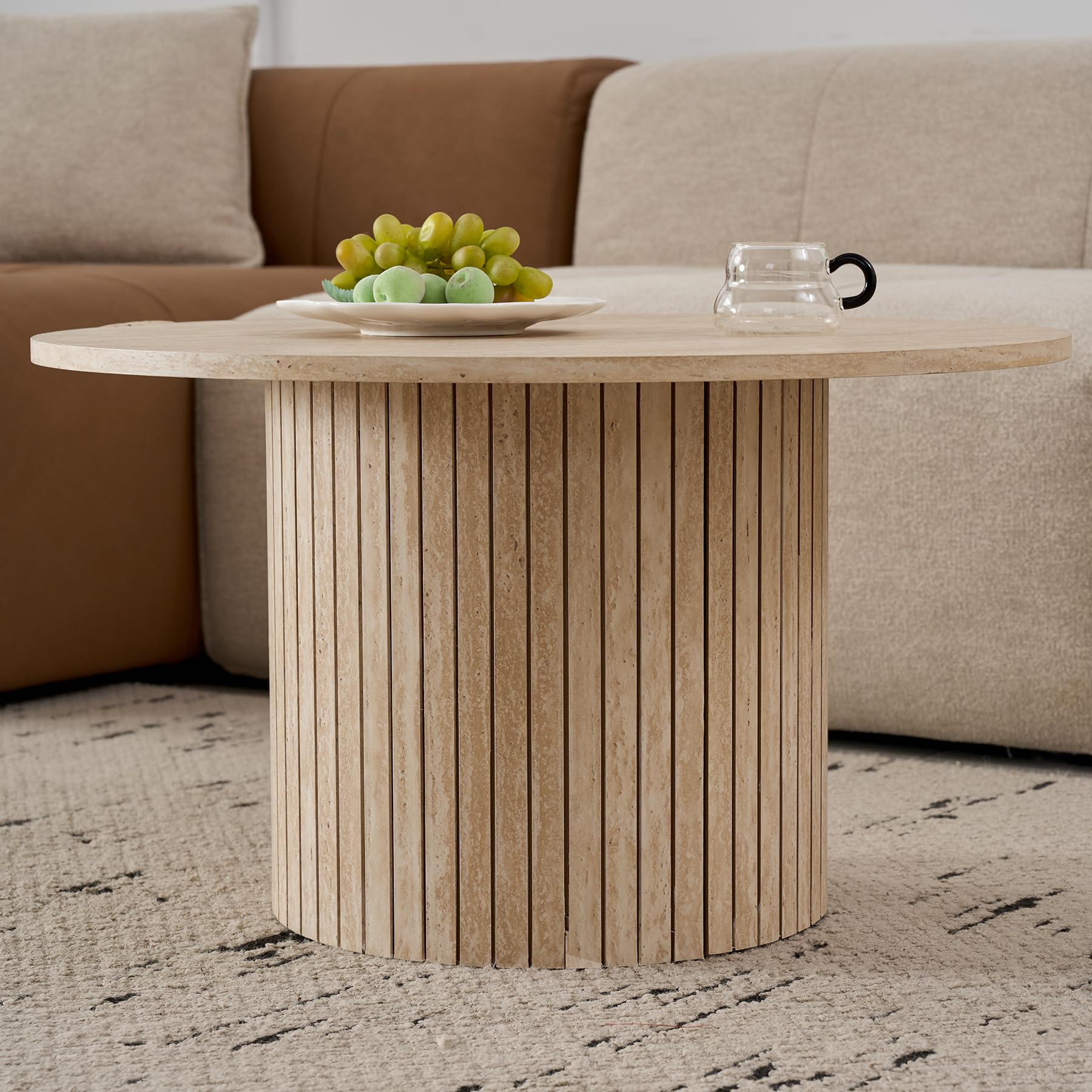 2er-Set runder Couchtische, Modernes Geriffeltes Trommel-Couchtisch-Set für Wohnzimmer, Schlafzimmer, Balkon und Büro (Travertin-Maserung, Hellgelb)