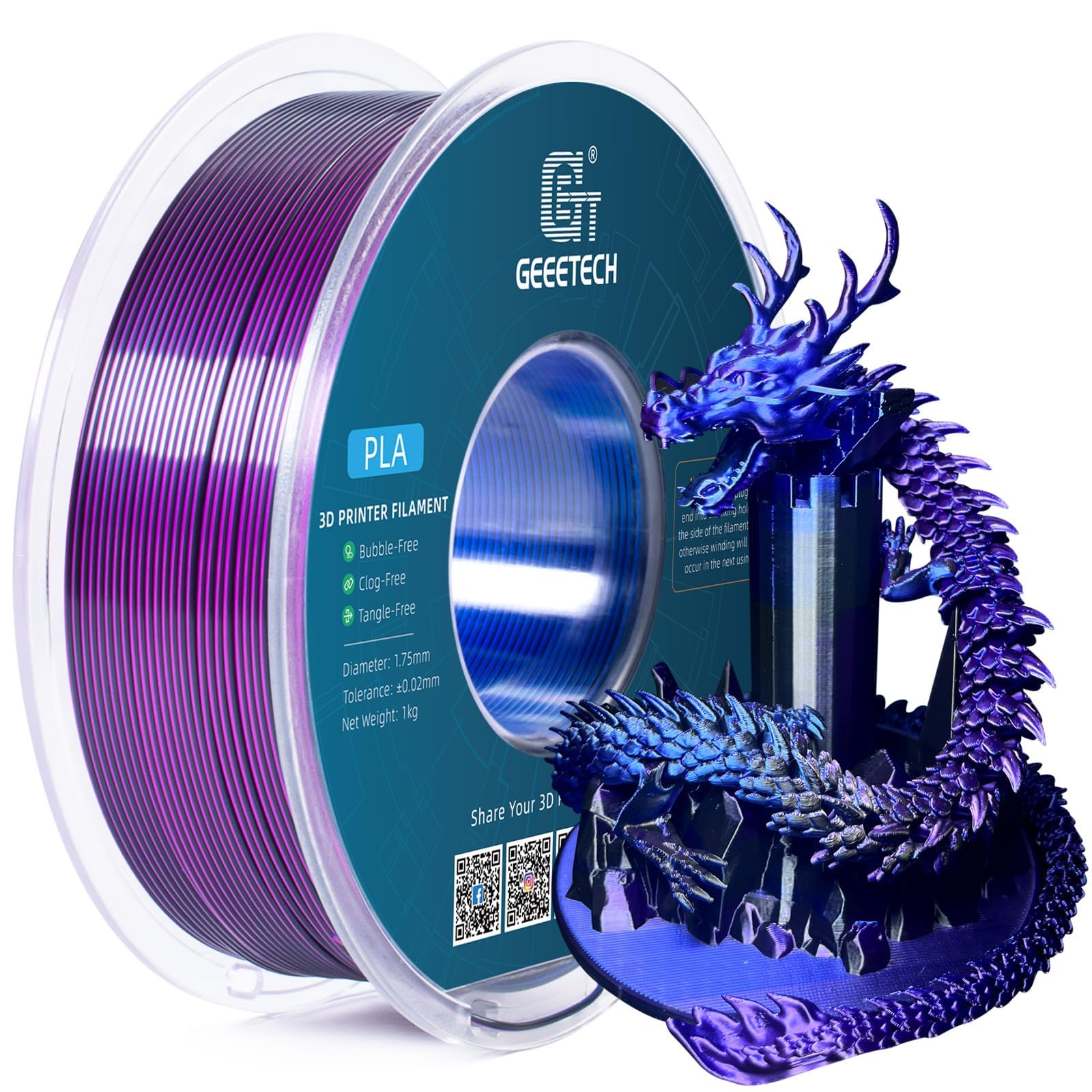 GEEETECH Tricolor Silk PLA filament 1,75 mm, filament do drukarki 3D, 1 kg, jedwabny, niebieski, fioletowy, czarny