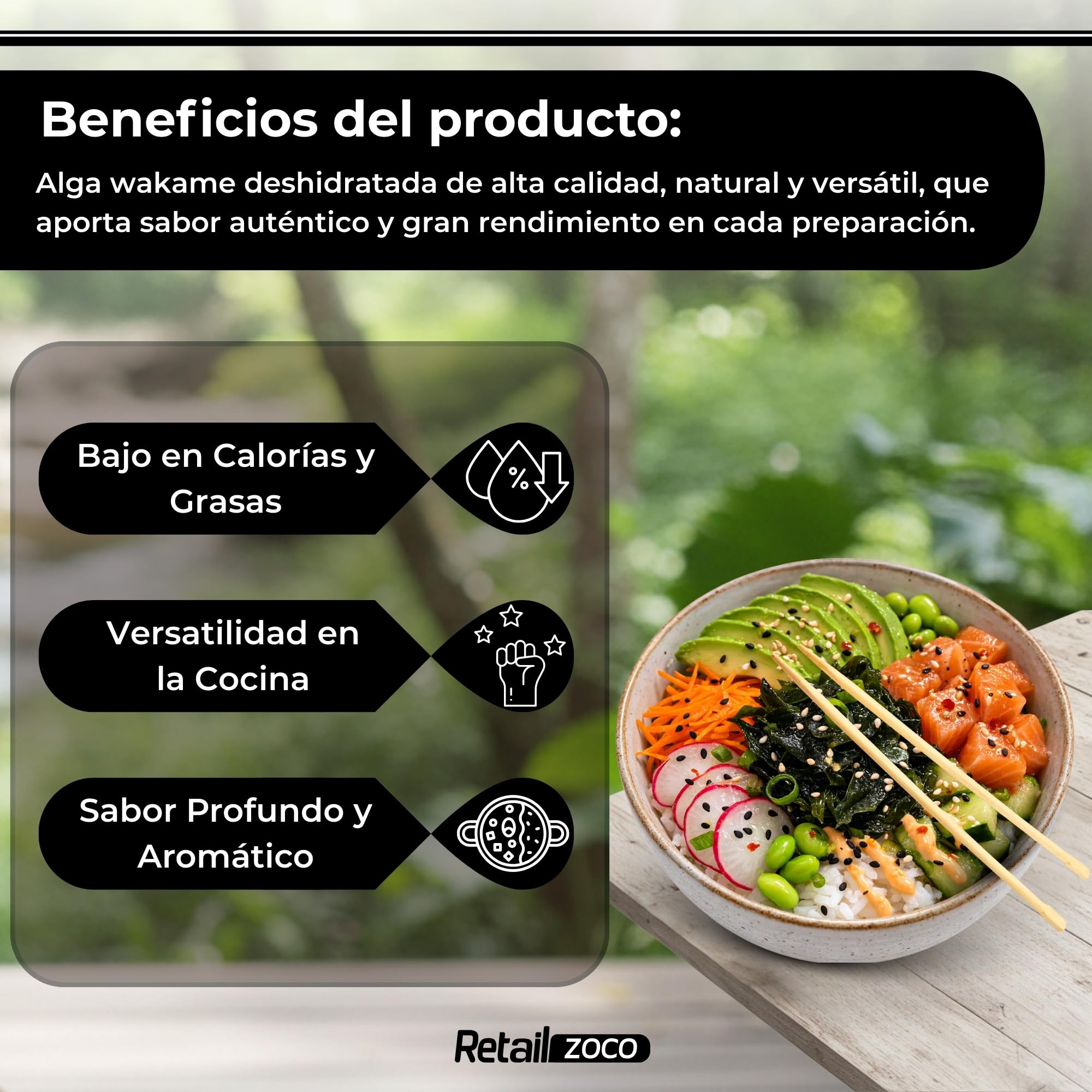 Wakame Sushi, Alga wakame deshidratada, ideal para ensaladas, combinar con verduras, añadir a sopas o hacer caldos, etc., Ensaladas y más, Contiene 1 bolsa de 100 gr