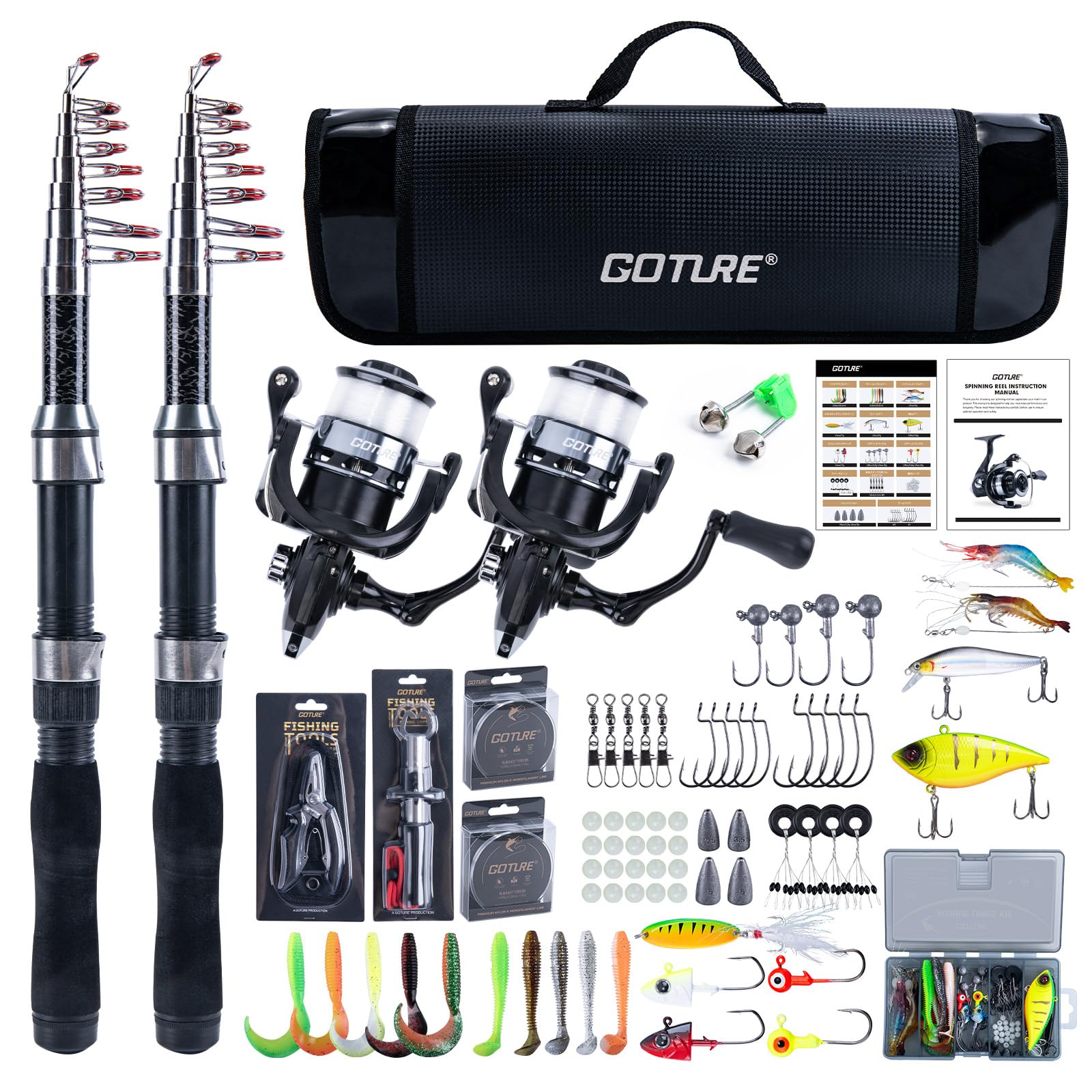 Goture Telescopic Fishing Rod and Reel Combo, 2PCS Telescopic Fishing Pole + 2PCS Pre-Loaded Spinning Reels, Travel Fishing Rod Combo for Starter Saltwater Freshwater 2.1M B2