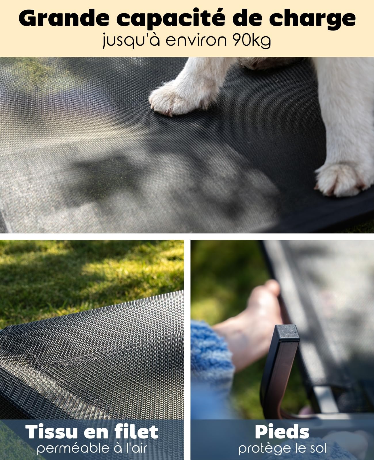 lionto Lit pour Chien surélevé d'extérieur, Couchage Stable pour Animaux avec Bonne Circulation de l'air, 117x85 cm, Housse Amovible en Maille Respirante, Cadre métallique Robuste, Noir
