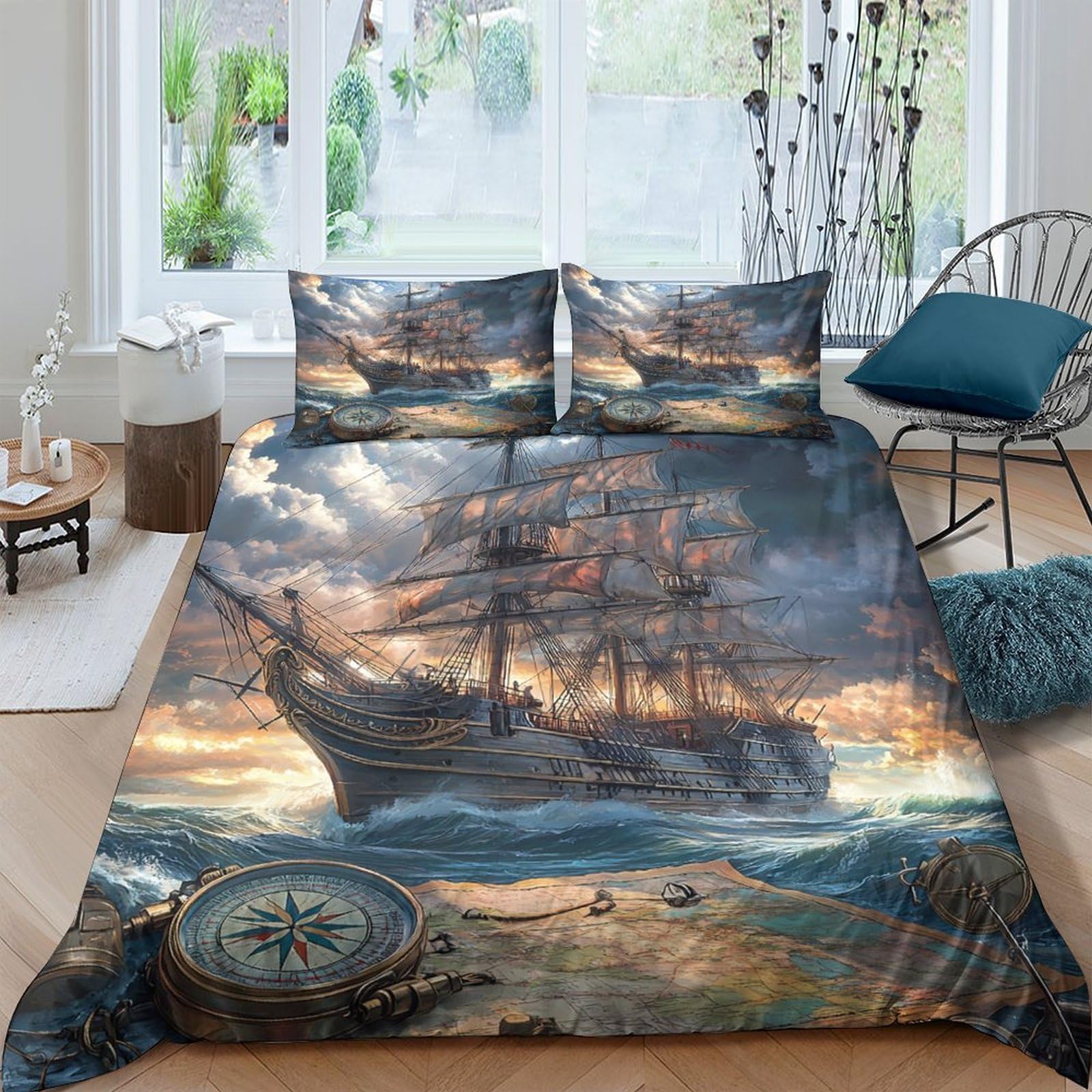 Ctjqhvkz Style-5 3D Printed Pirate Ship Fitted Sheet Microfiber Ocean Adventure Bed Cover For Bedroom Decor Mattress Protection Single（135X200cm）
