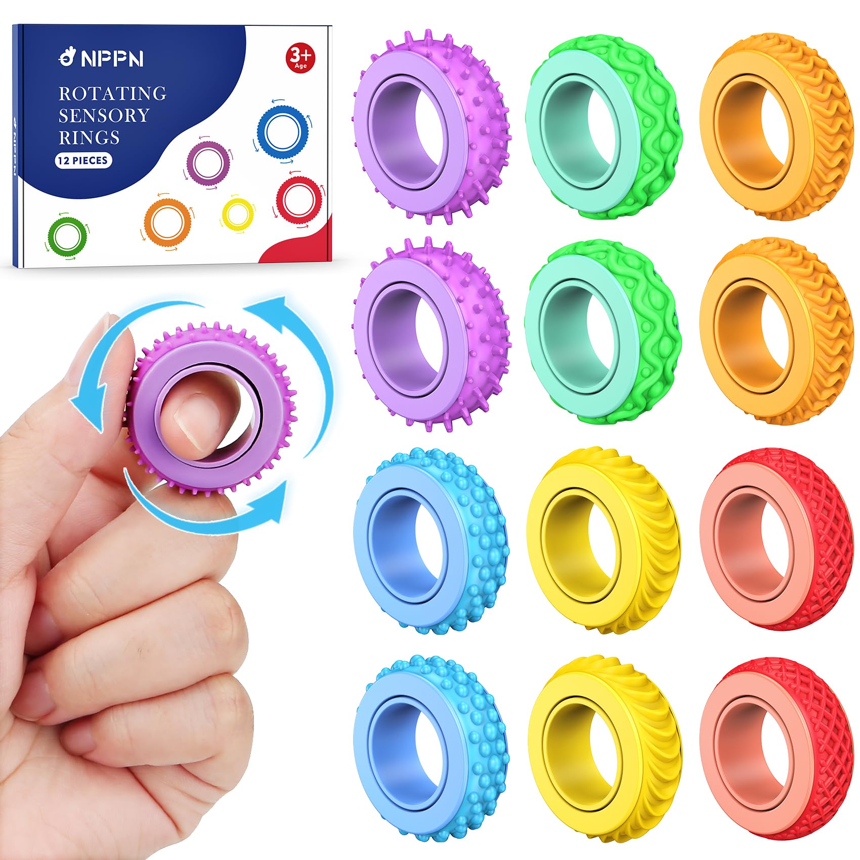 Fidget Ring Toys für Erwachsene & Kinder - 12 Stück Sensorische Fidget Spinner mit 6 Texturen, Lautloses Spielzeug bei Angstzuständen für ADHD Autismus, Konzentrationshilfe für Schule & Büro.