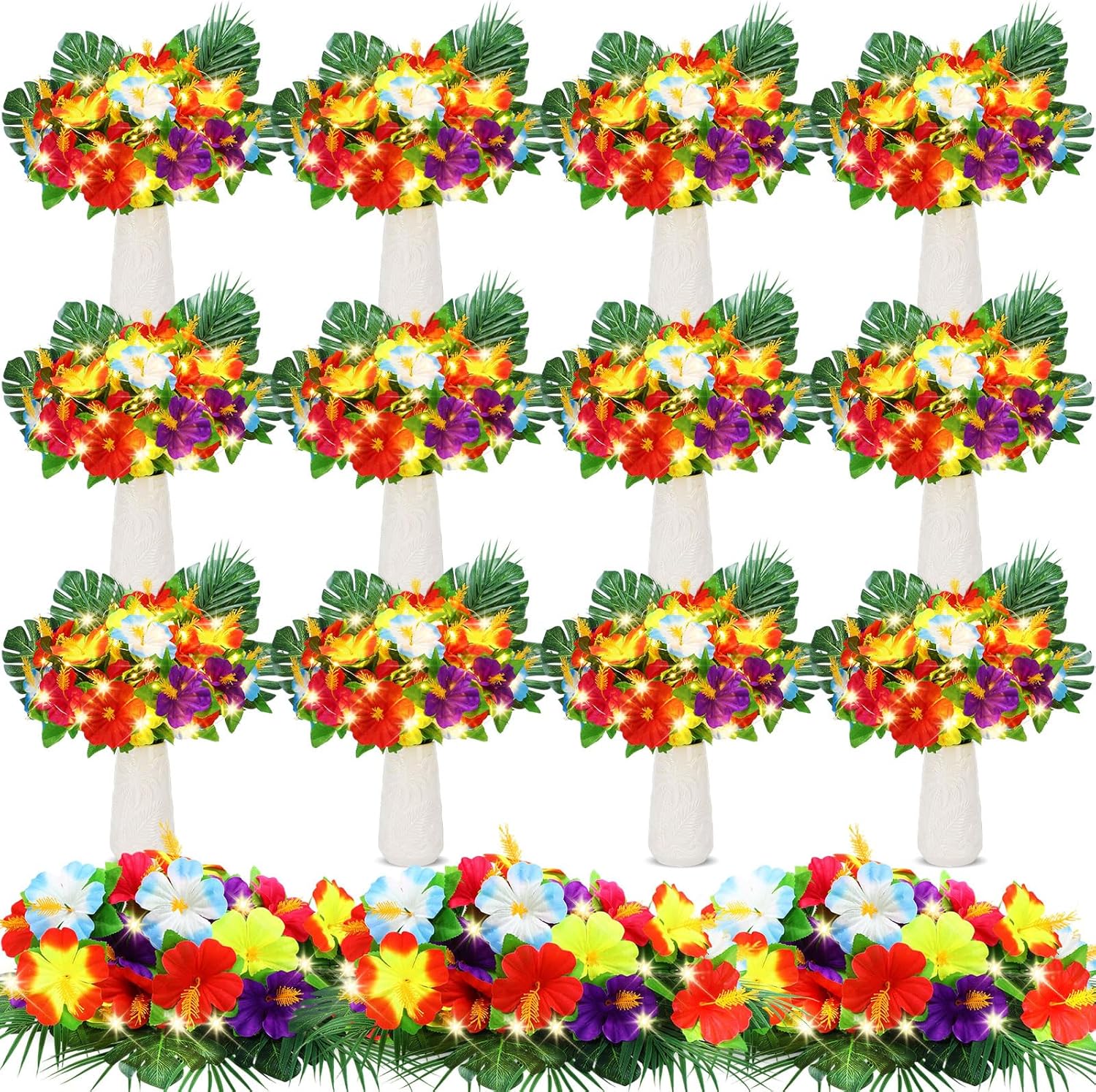Hotop 72 Pcs Light up Hawaiian Flower Centerpieces for Tables Hibiscus Bouquet Palm Leaves and Light Up Centerpieces for Tables