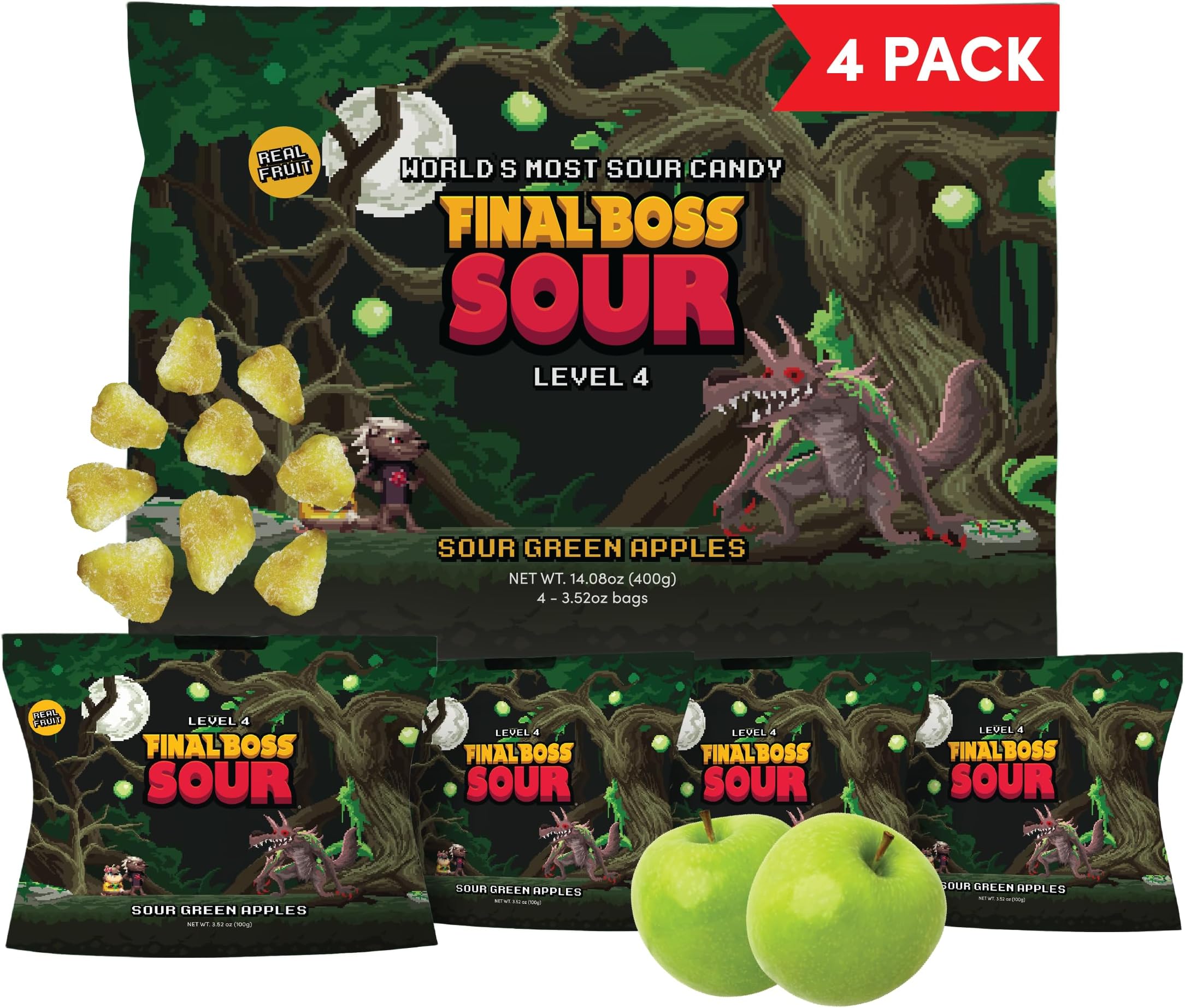 - Sour Candy, Green Apple, 4 Pack, Level 4, Extreme Sour Fruit Chews with Real Dried Fruit, No Artificial Colors or Flavors, Low Calorie Snack for Kids, Teens, Adults, Lunch Boxes