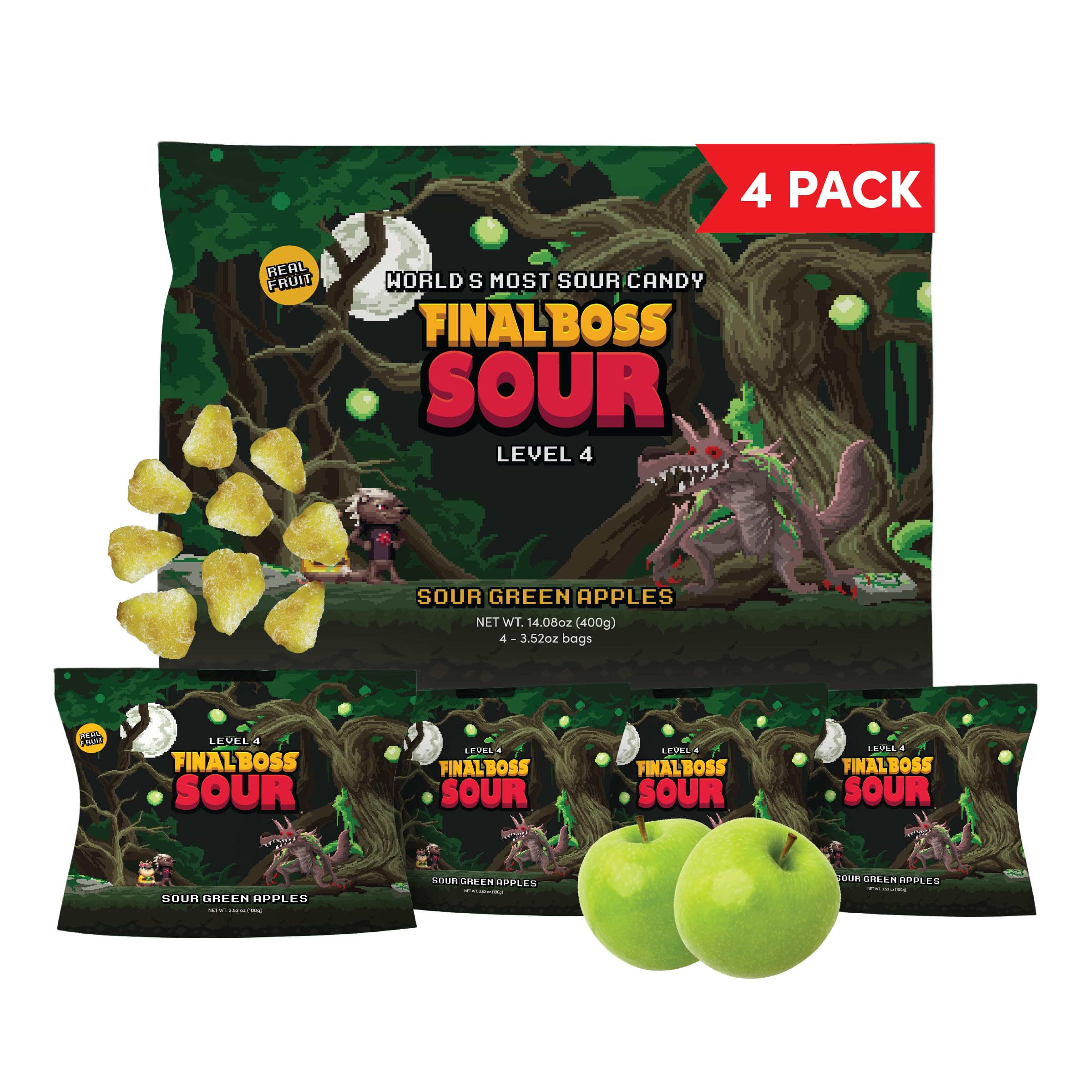 Final Boss Halloween Sour Candy, Green Apple, 4 Pack, Level 4, Extreme Sour Fruit Chews with Real Dried Fruit, No Artificial Colors or Flavors, Low Calorie Snack for Kids, Teens, Adults, Lunch Boxes