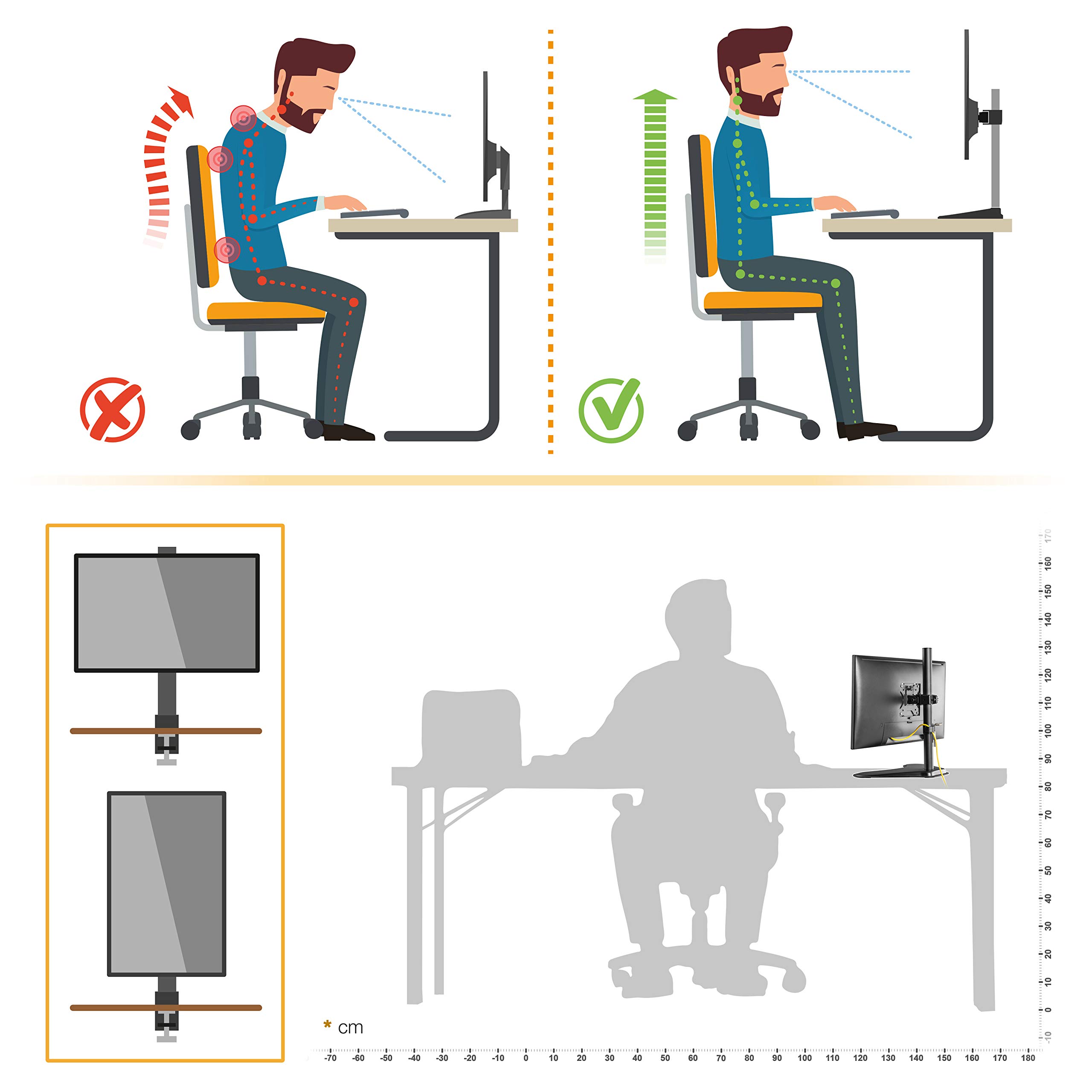 RICOO TS7211 Support Écran PC TV 1 Écran 13 17 19 22 24 27 28 32 Pouces Orientable Inclinable Rotatif Universel Fixation Bureau Pince de Table VESA 75x75 100x100