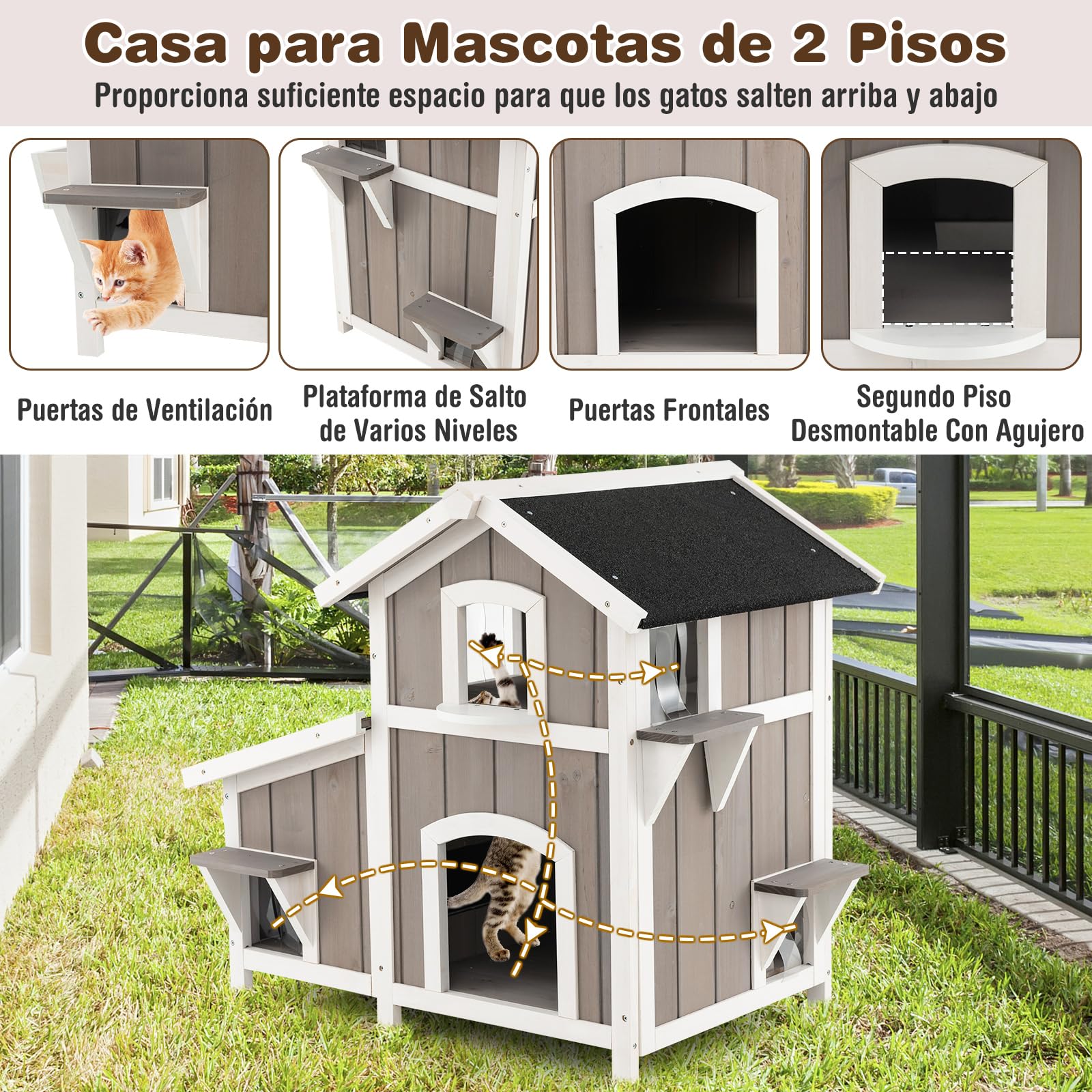 COSTWAY Casa para Gatos de Madera, Caseta para Gatos de 2 Pisos para Exteriores con Puertas de Escape, Techo Asfáltico Impermeable, Refugio para Gatitos de Interior y Exterior para Balcón y Patio
