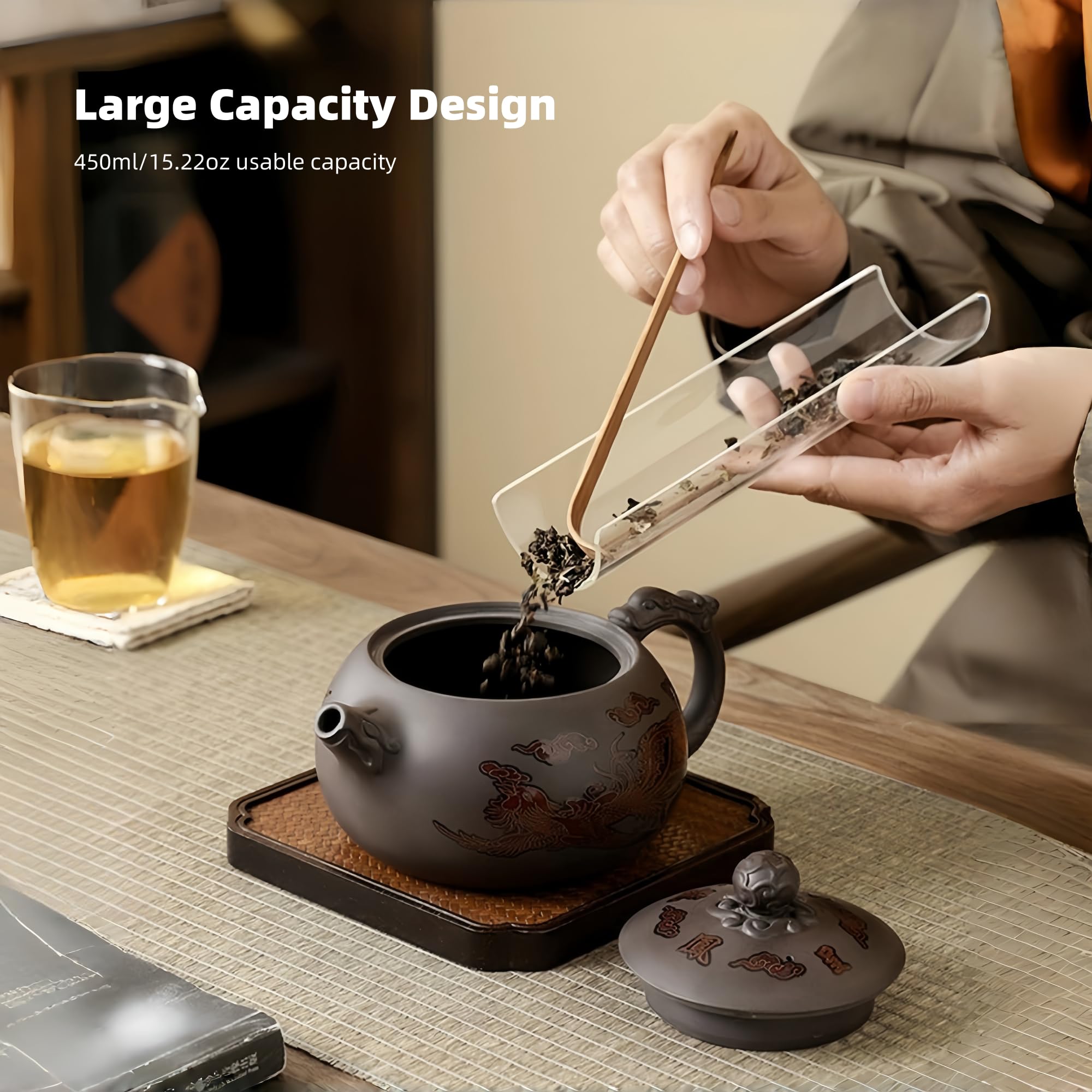 Yixing Zisha Teekanne Set 450ML, Chinesische Farbwechselnde Teekannen Ton mit Geschenkbox, Groß Kung Fu Lila Teeset Handgefertigte, Drache und Phönix