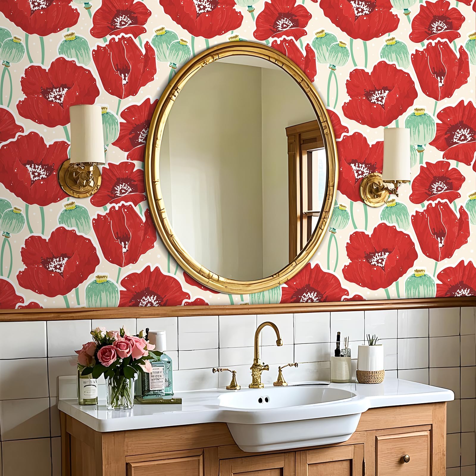 Stickyart Carta da Parati Fiori Rossi Impermeabile 44.5cmX200cm Adesivi Murali Papaveri Rossi Decorazioni Parete Soggiorno Carta Adesiva per Mobili Armadio Retro Pellicola Adesiva per Mobili Floreale