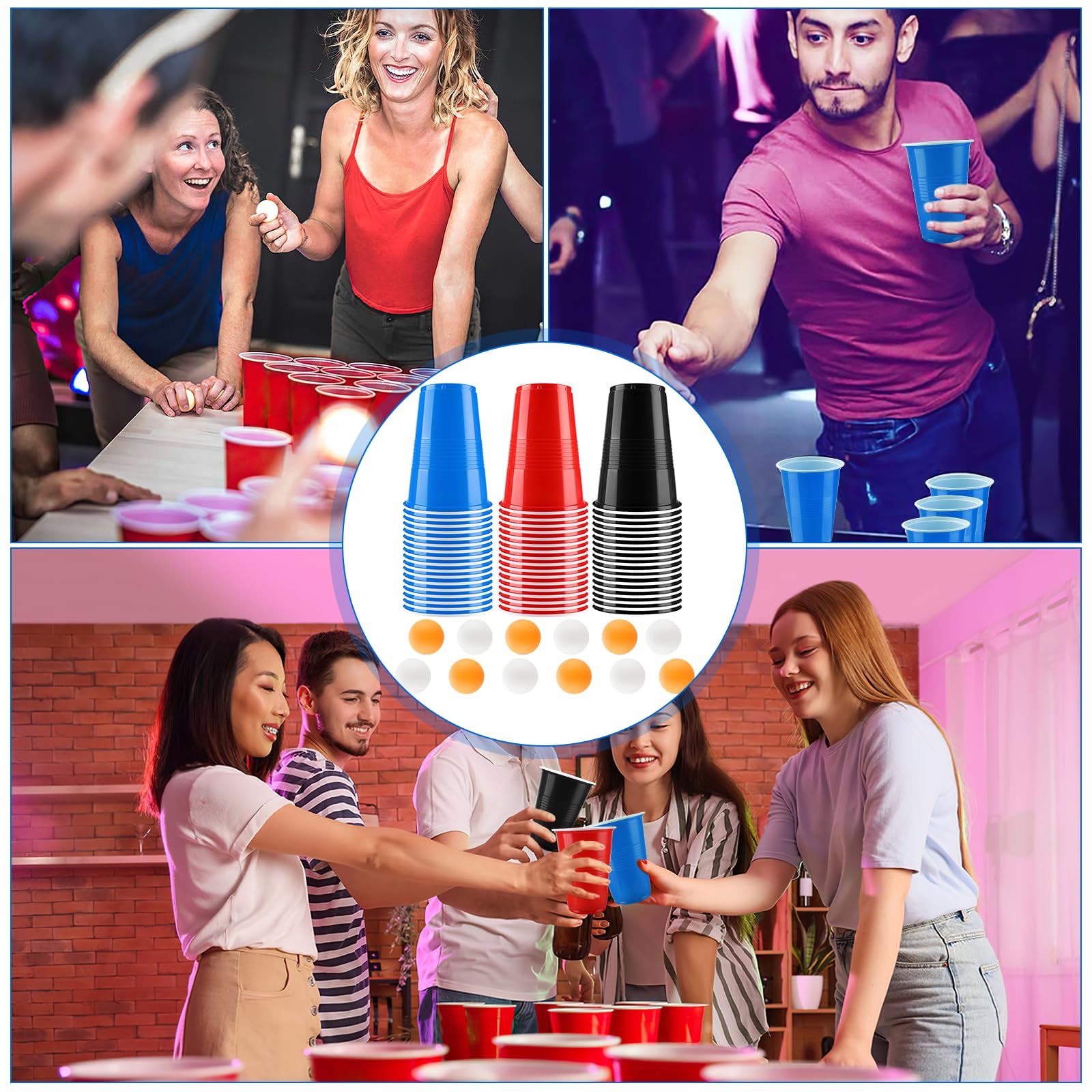 Sprifityy Beer Pong,100 Pezzi 500ml Bicchieri Beer Pong e 12 Pezzi Palline da P ing Pong,Bicchieri di plastica riutilizzabili,per Giochi di bevute, Feste, Compleanni, Matrimoni, Campeggio